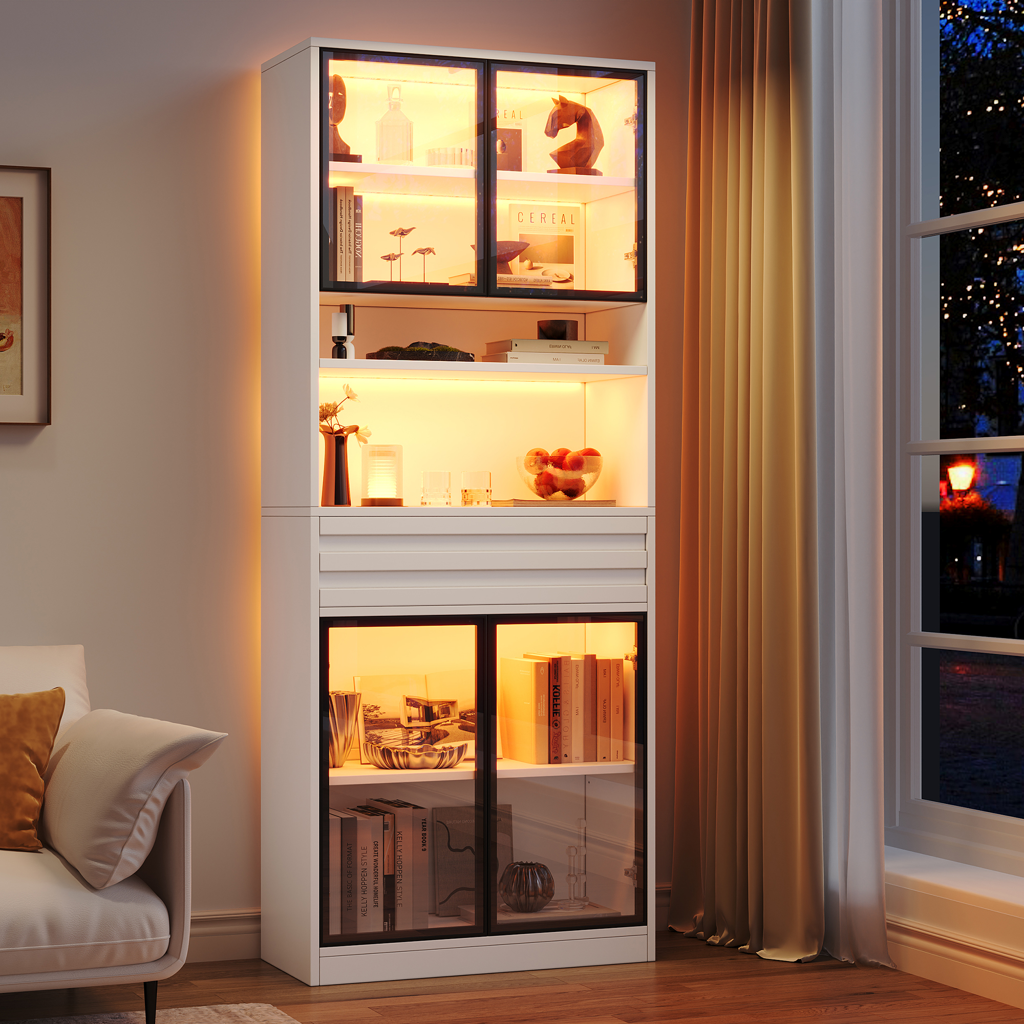Vitrine Blanche Panneau composite de fibres de bois à densité 80x35x200 cm, Éclairage LED RGB Contrôlé par Application, 4 Portes Verre et Tiroir