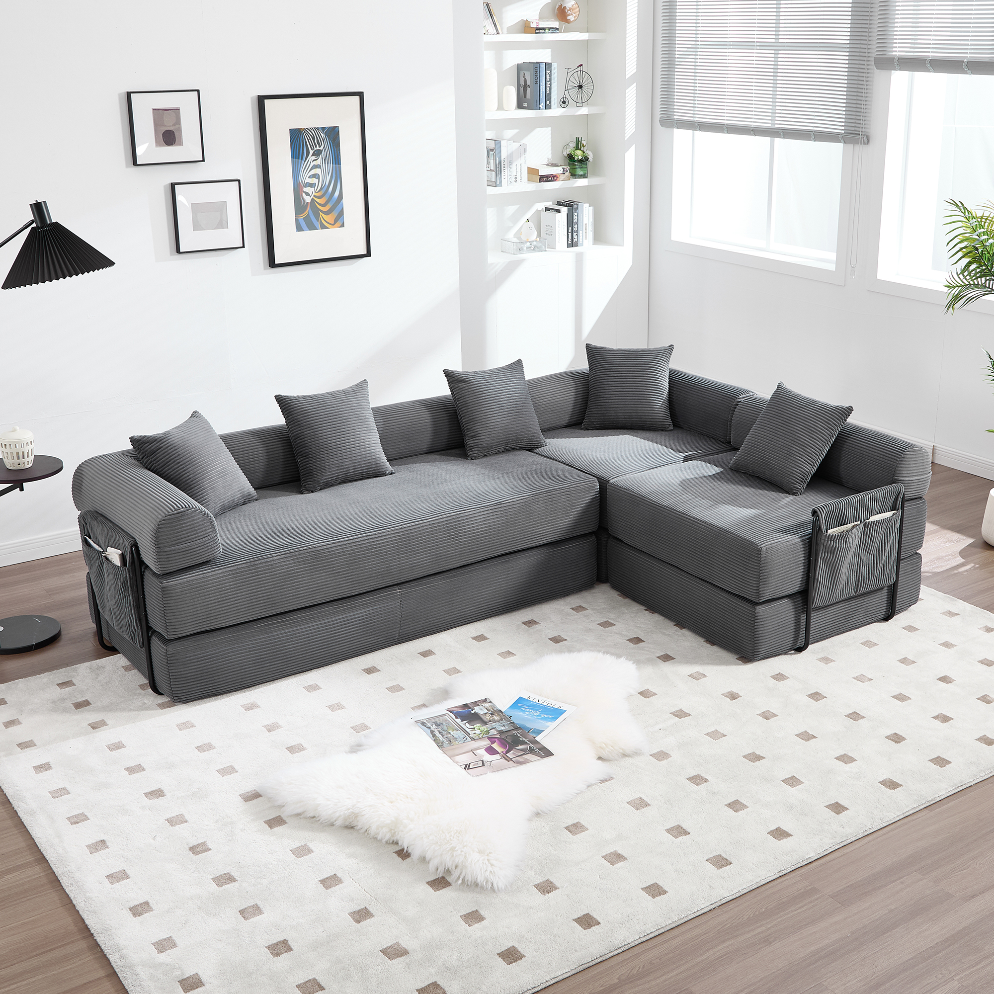 Lit avec rangement 270x180x64 cm en velours côtelé gris foncé, structure modulable et rangement latéral intégré