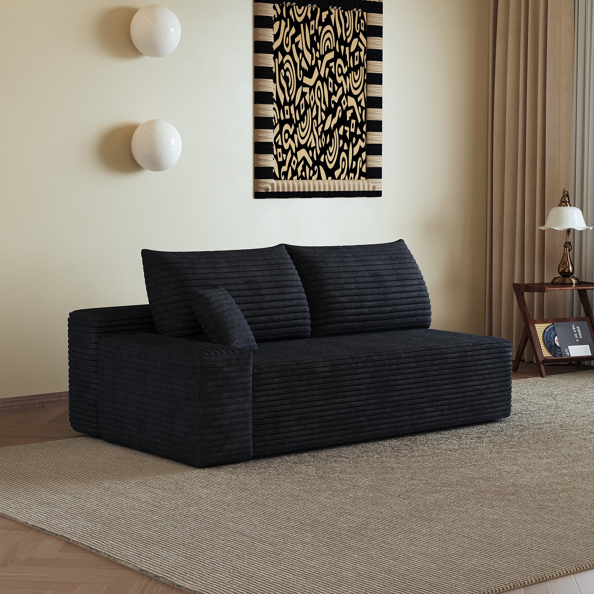 Canapé droit noir tissu côtelé 2 places, style cloud sans montage, dimensions 175x95x83 cm, idéal pour petits espaces modernes