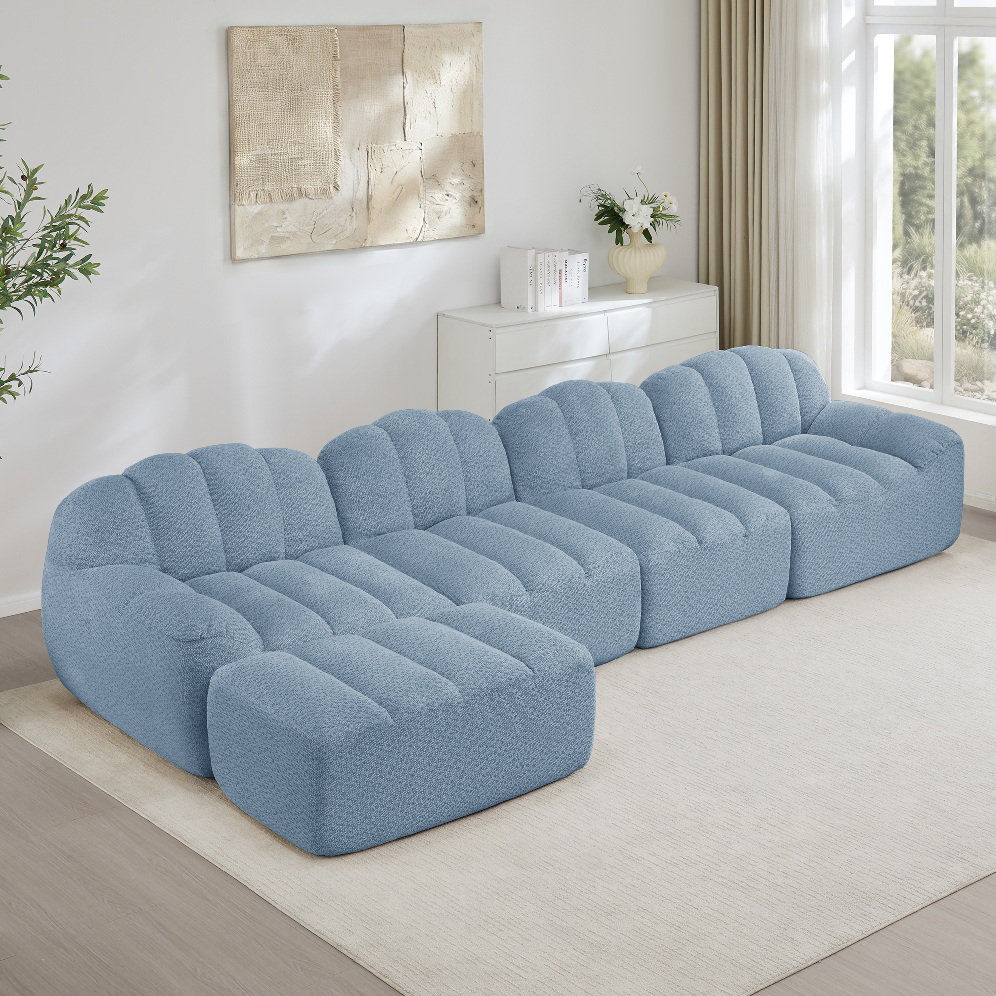 Canapé Modulable 4 Places Bleu Avec Ottoman, Canapé D'angle Sans Dossier En Tissu Granuleux Pour Salon Moderne