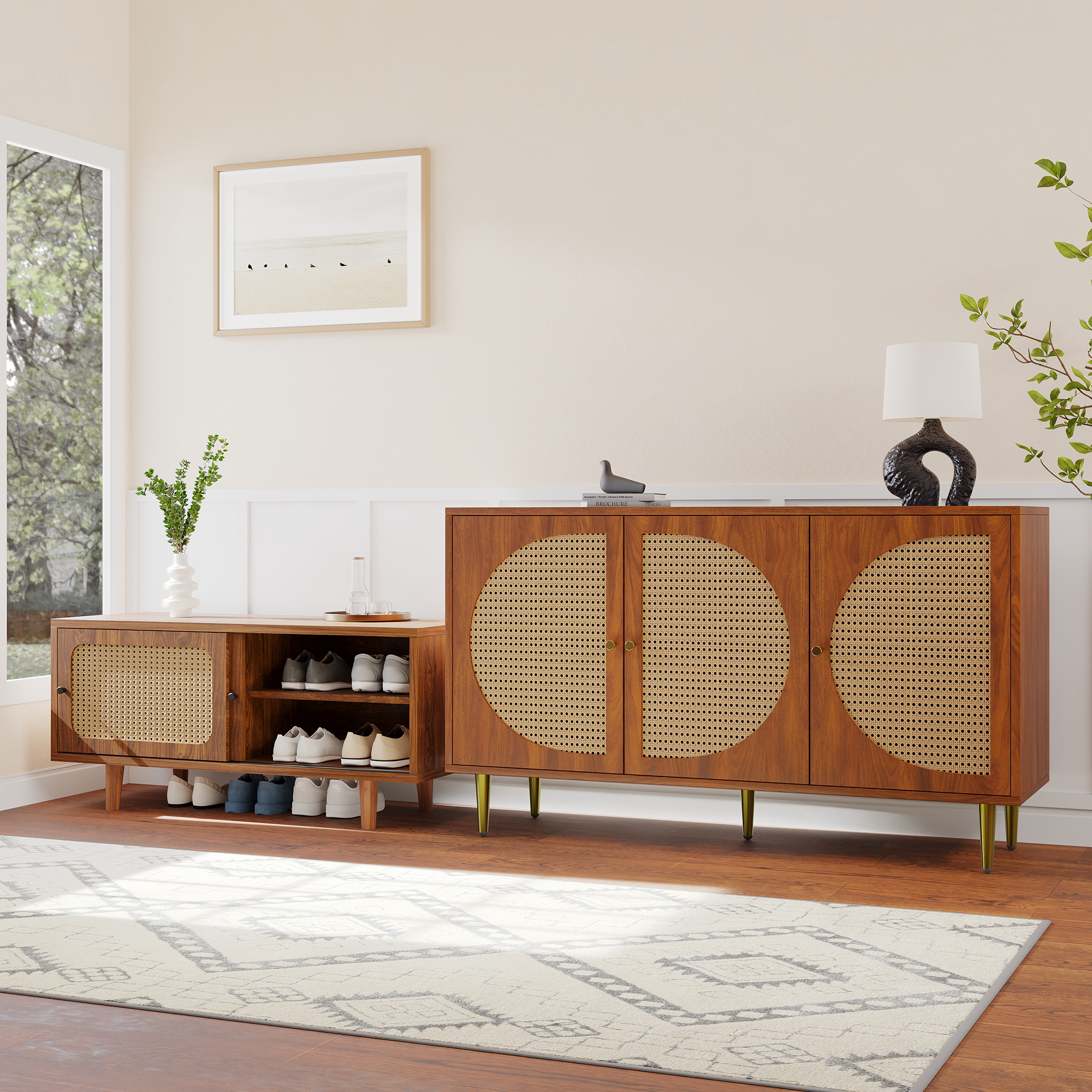 Meuble à chaussures Buffet Salon Rattan Couleur Noyer avec Portes Coulissantes et Panneaux de Particules pour Rangement