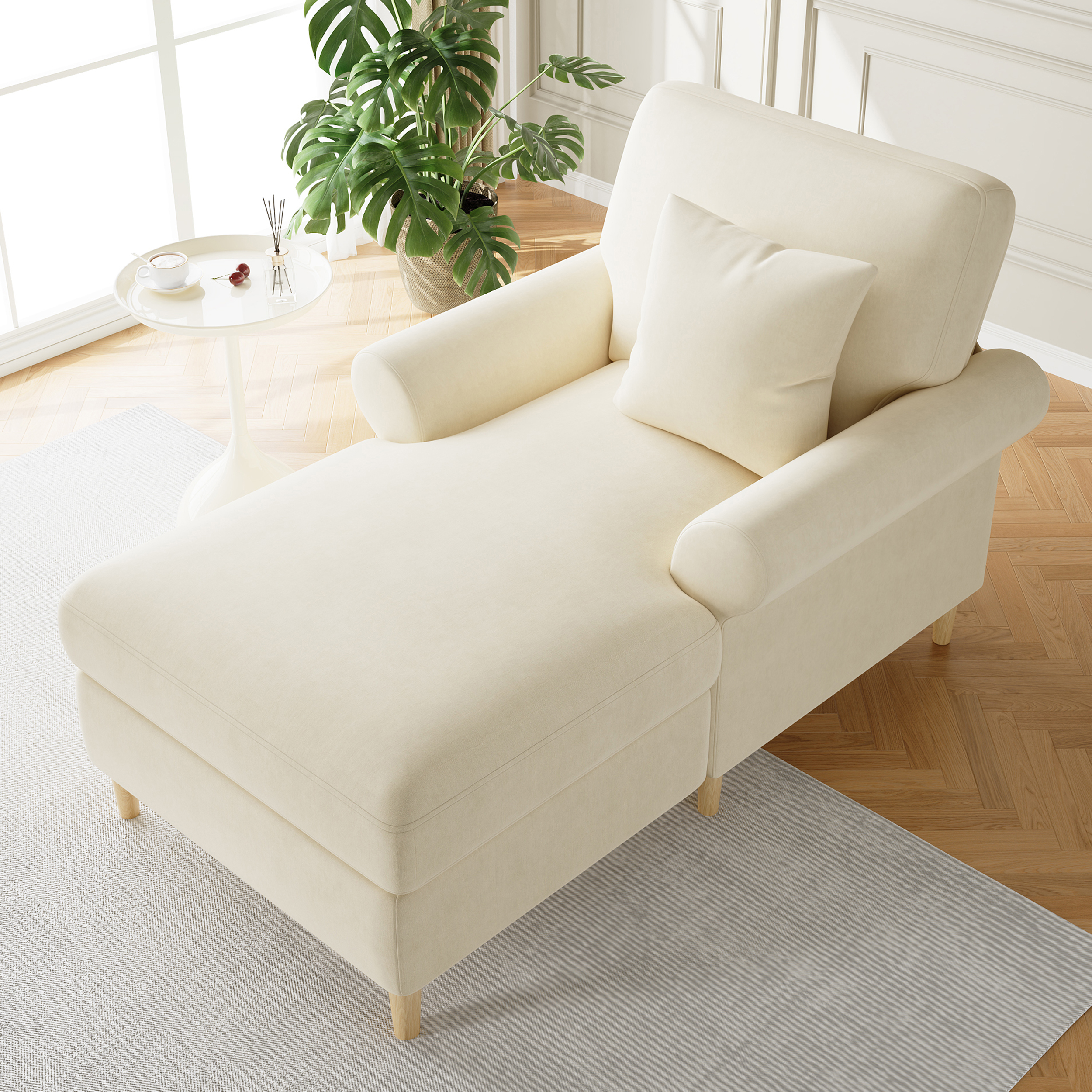 Canapé convertible 1 place en velours beige, structure stable jusqu'à 150 kg avec coussin lombaire