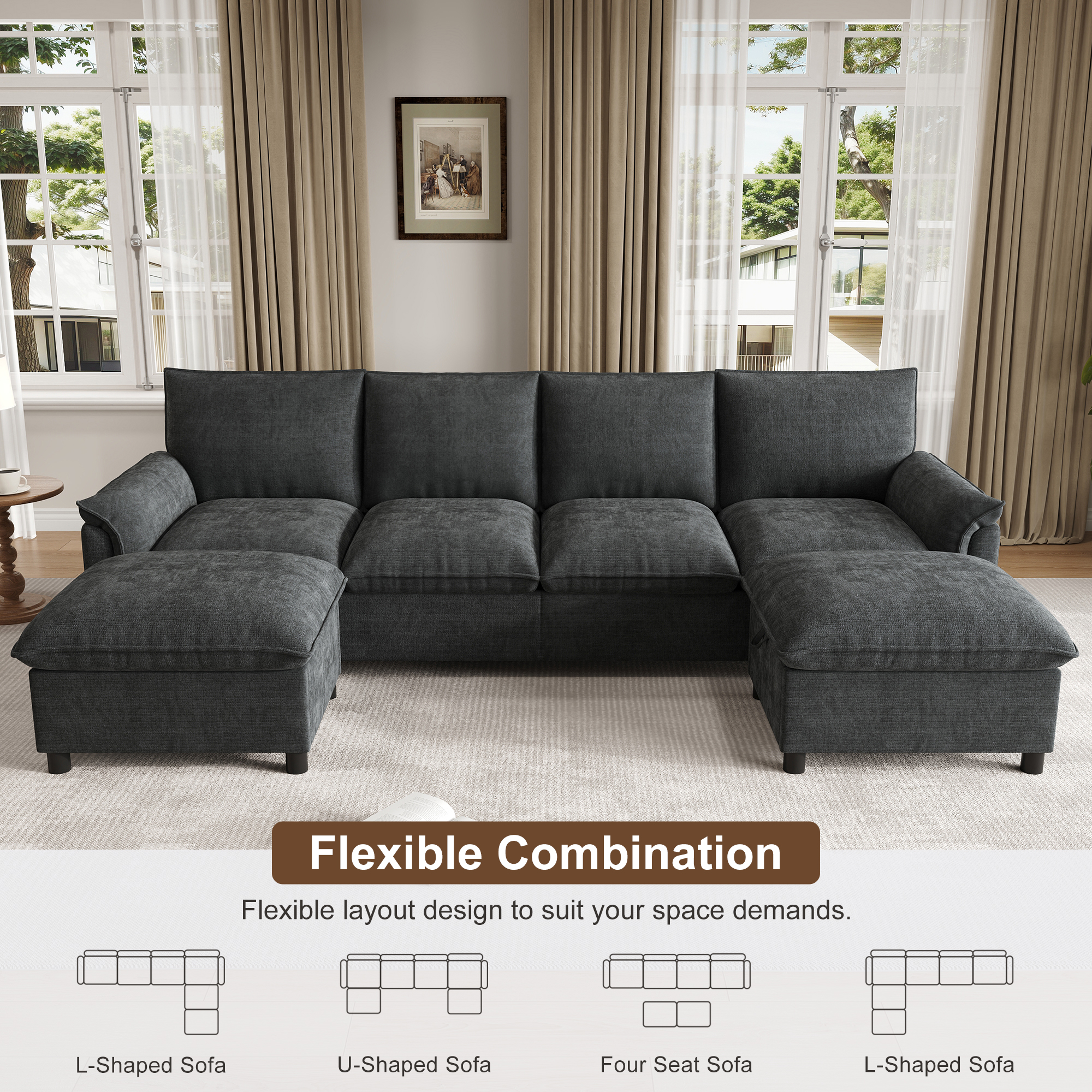 Canapé d'angle en chenille noire avec dossier haut, 2 poufs et structure en métal et bois massif