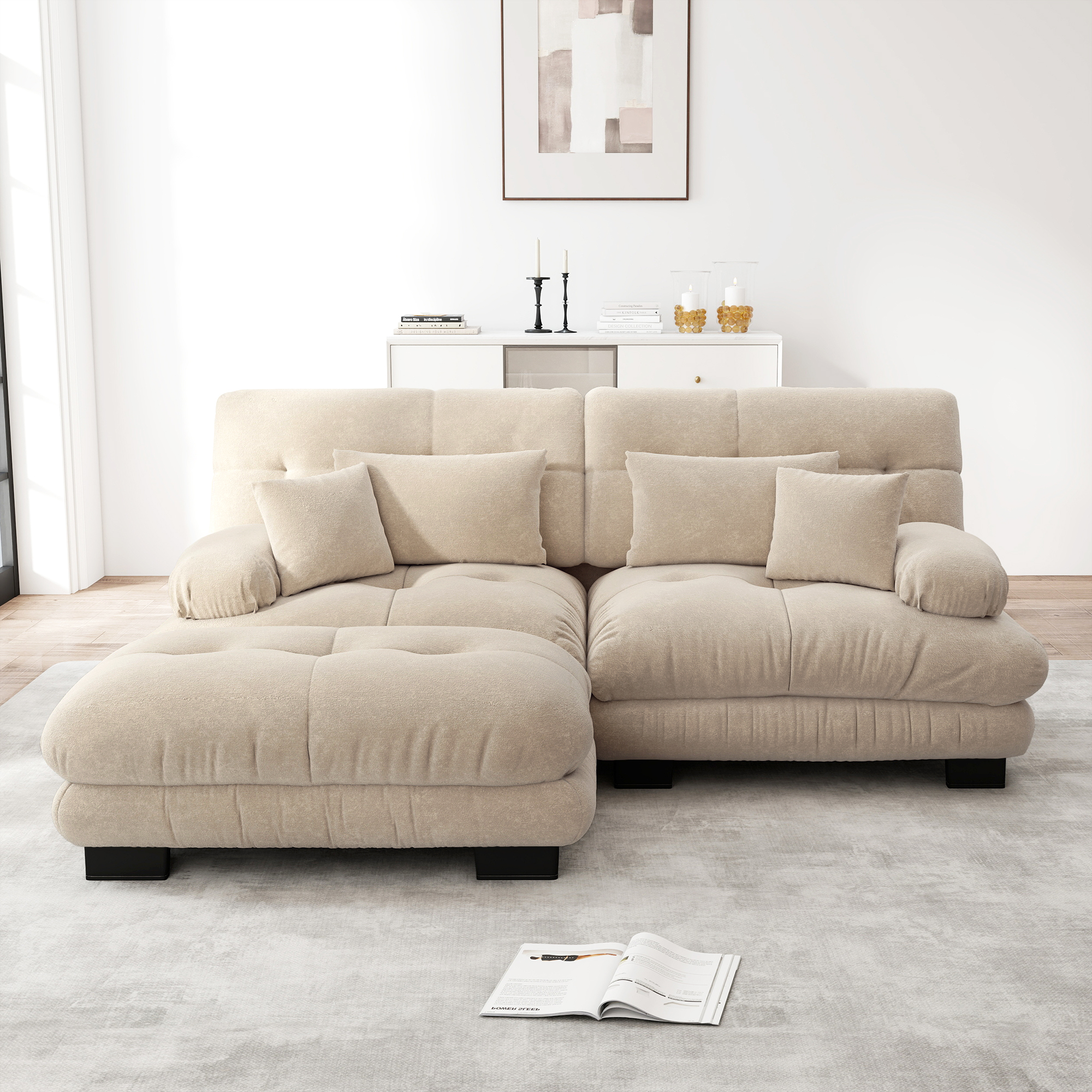 Canapé d'angle 4 places 220x145x81 cm en chenille brun clair avec ottomans et accoudoirs larges