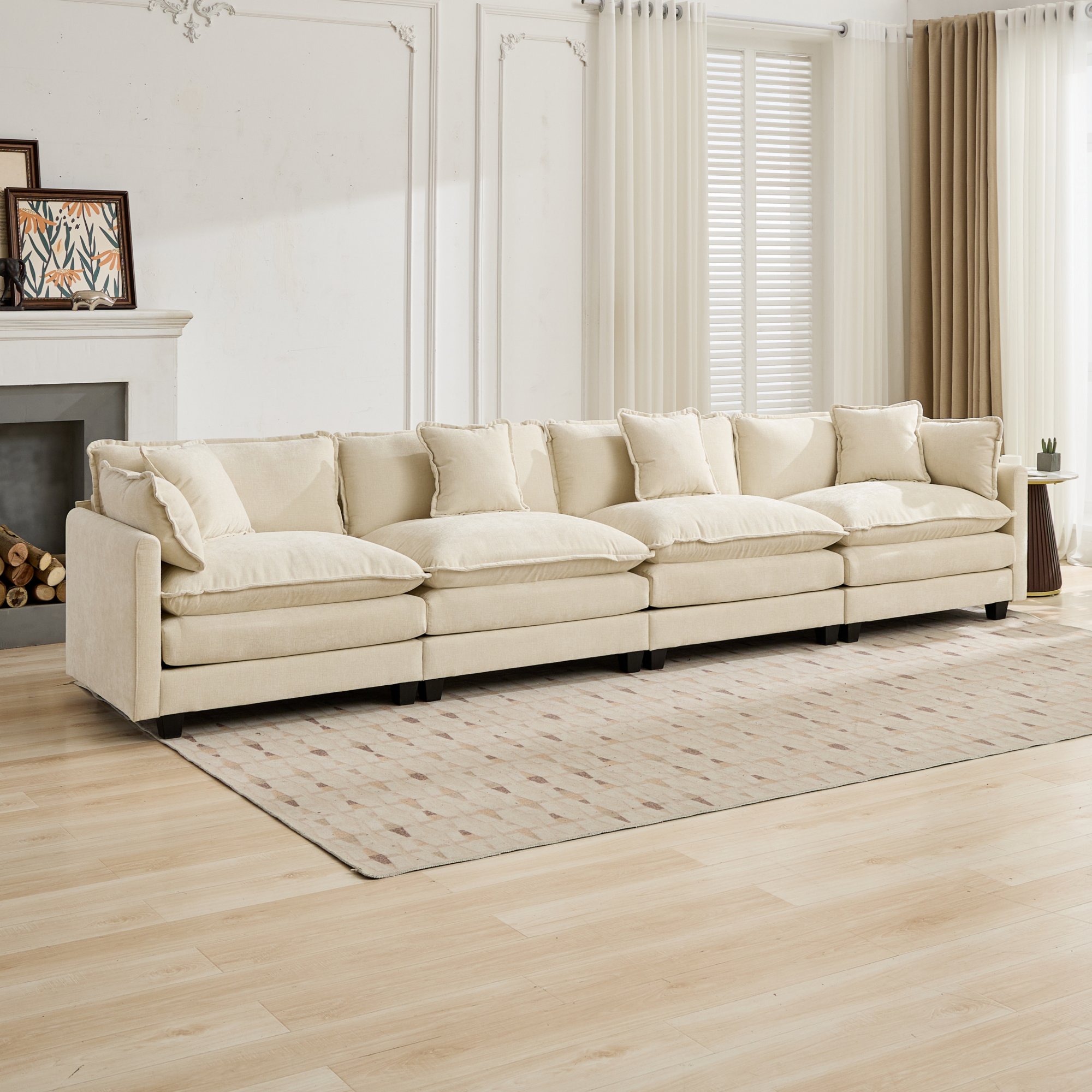 Canapé 4 places en tissu chenille beige, assise rembourrée double couche pour salon et chambre