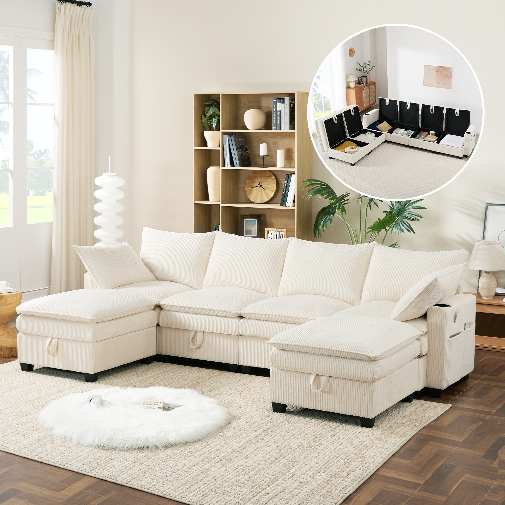 Canapé d'angle 6 places en velours côtelé beige, structure bois massif et bois artificiel avec coffre