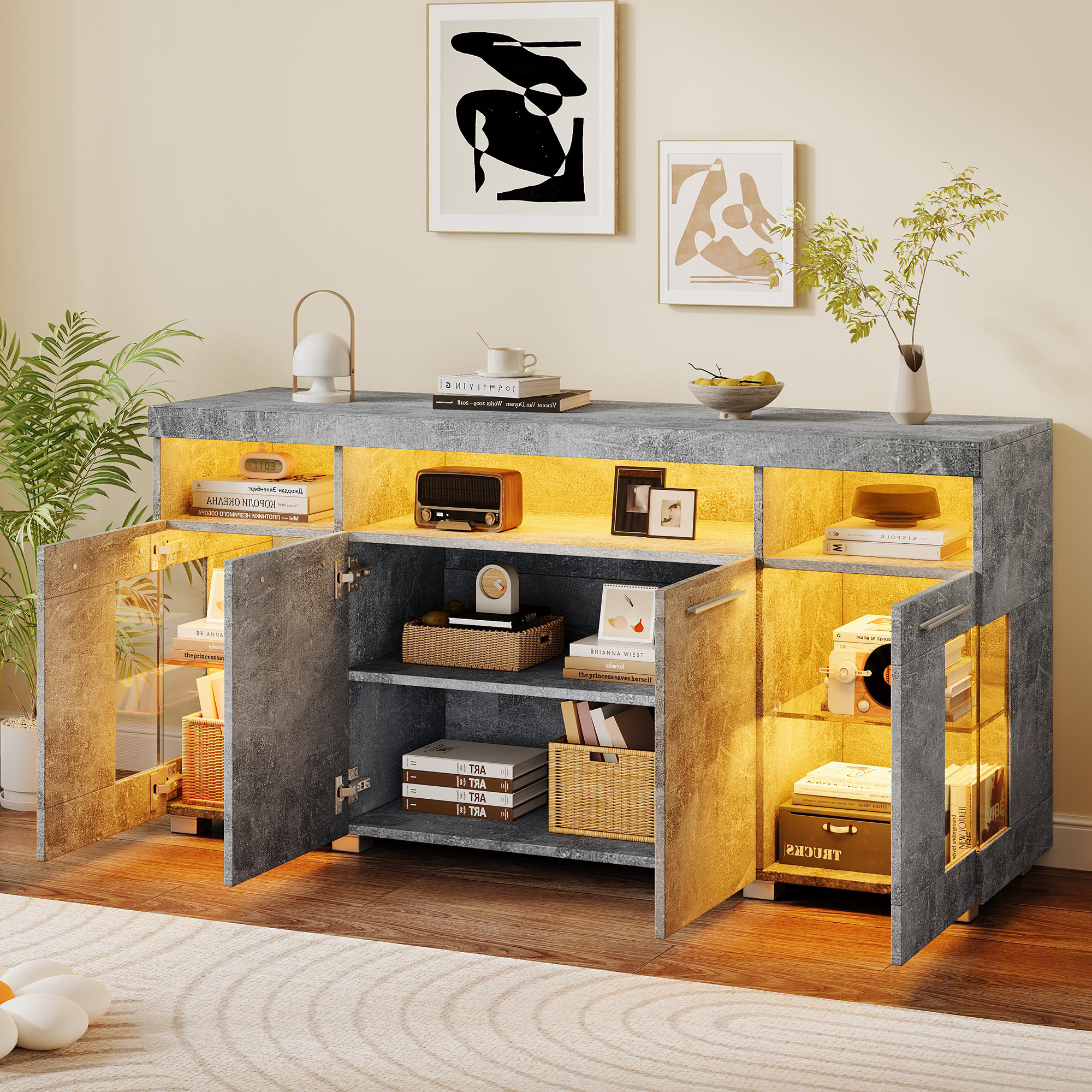 Buffet Salon Industriel Gris Ciment 140x40x70cm, Meuble Rangement LED Connecté App avec 3 Tiroirs et Verre Trempé