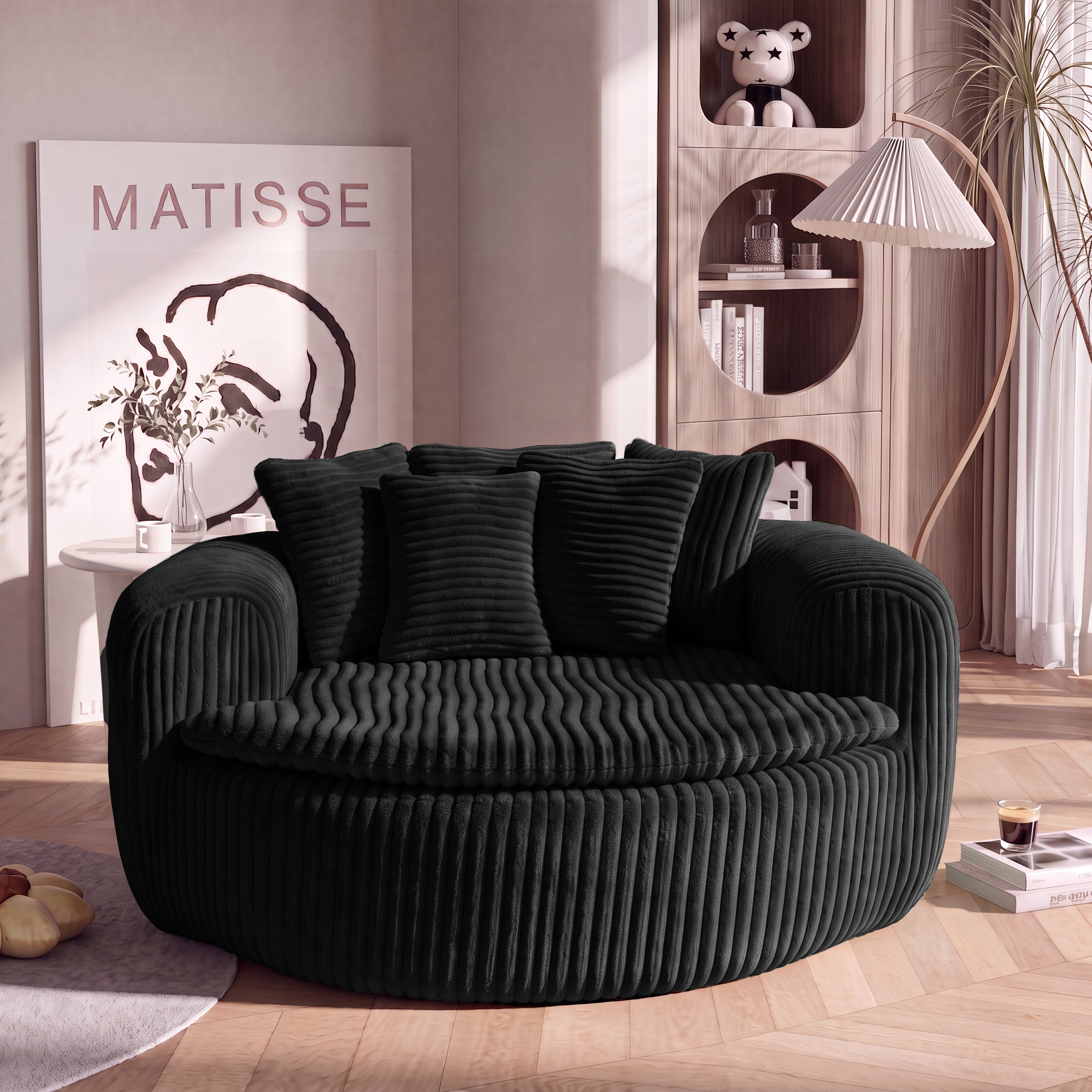 Fauteuil Lounge Profond Tissu Côtelé Noir Avec 5 Coussins Dossier Amovibles Confort Relaxant Lecture Salon Chambre
