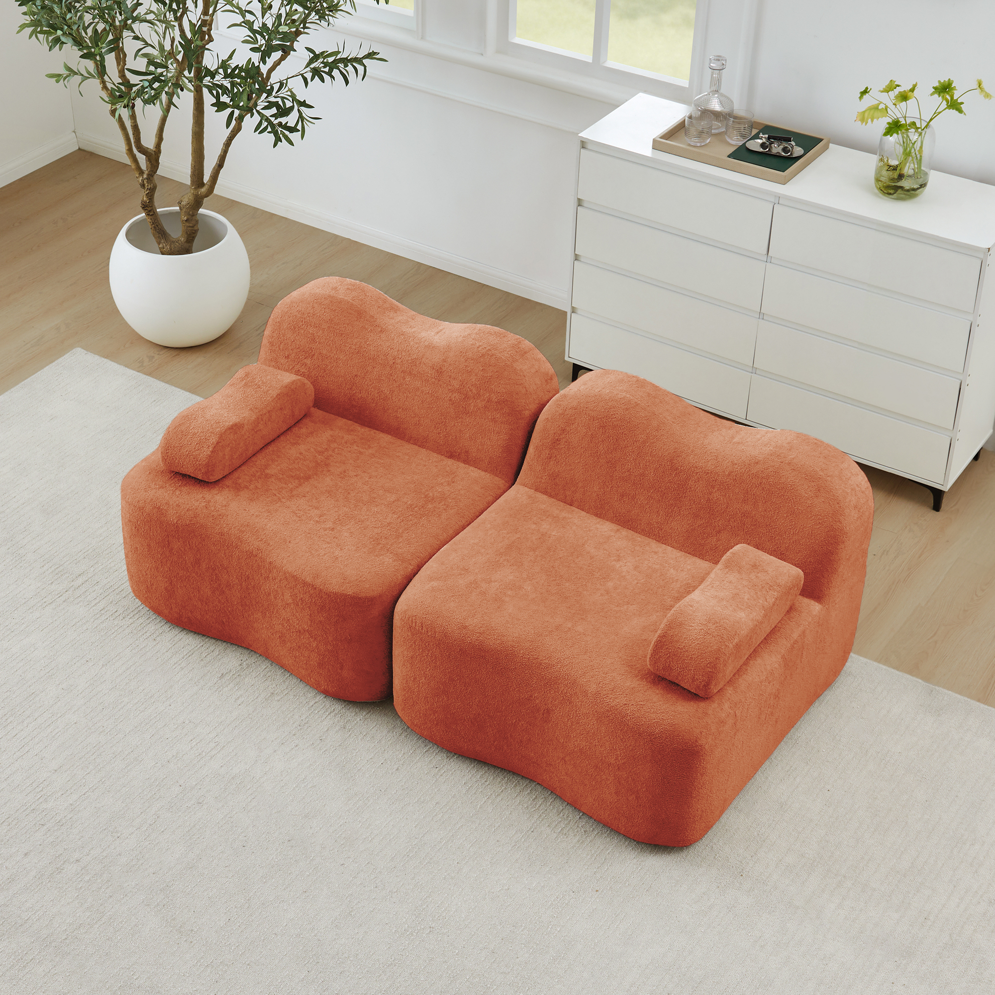 Canapé Modulable 2 Places Angle Droit Velours Orange Design Contemporain Salon Appartement