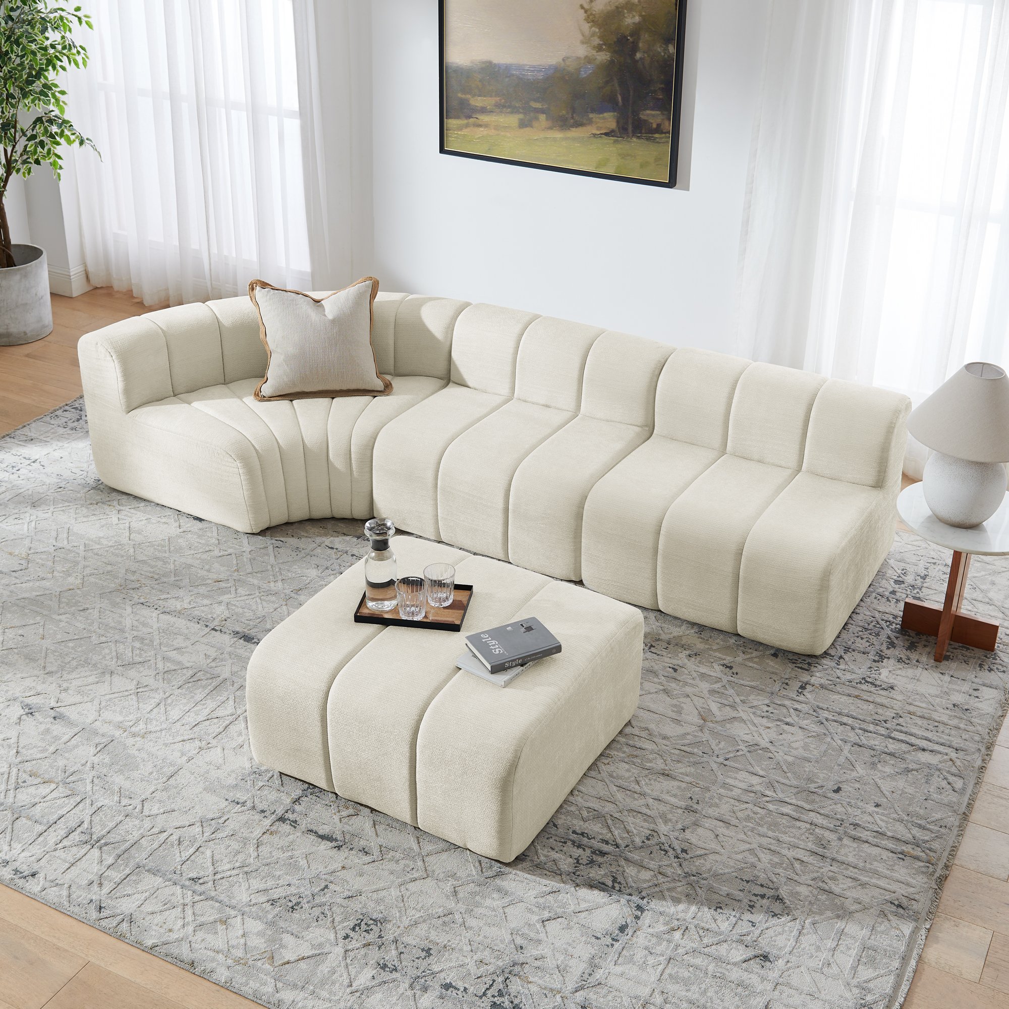 Canapé d'angle modulable 4 places beige en chenille, structure sans outils, coussins multifonctions et mousse haute résilience pour salon moderne