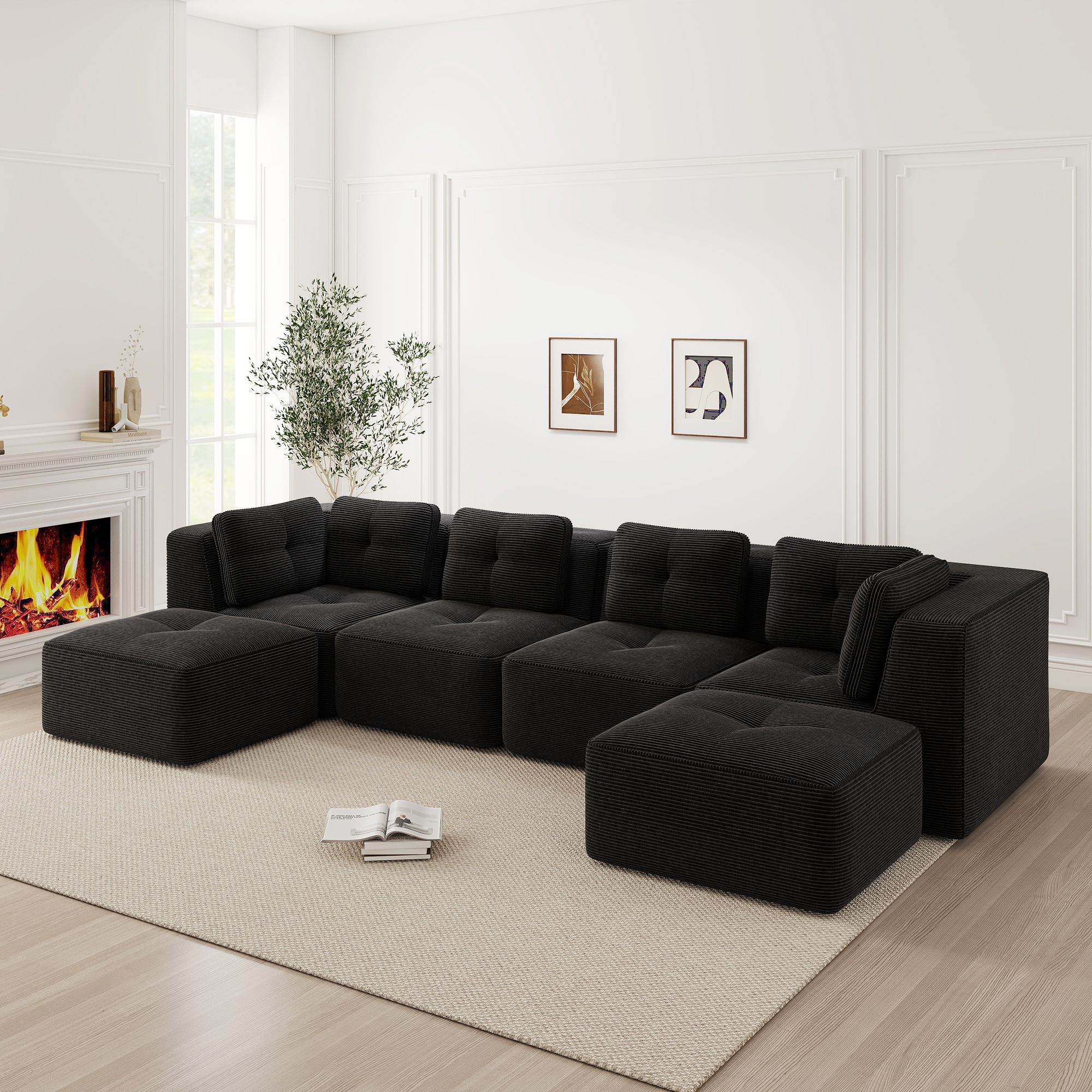 Canapé Modulable Noir Sans Cadre Avec Ottoman Confort Profond Antidérapant Salon Moderne Facile Assemblage