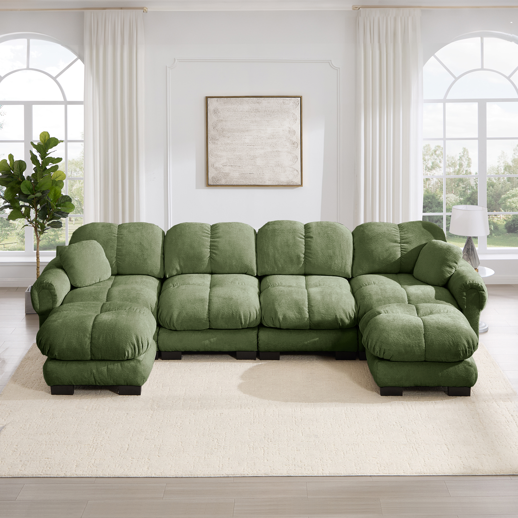 Canapé Modulable 4 Places En U, Canapé D'angle Panoramique Avec Tissu Chenille Vert, Design Ergonomique Et Coussins Matelassés Pour Salon Moderne
