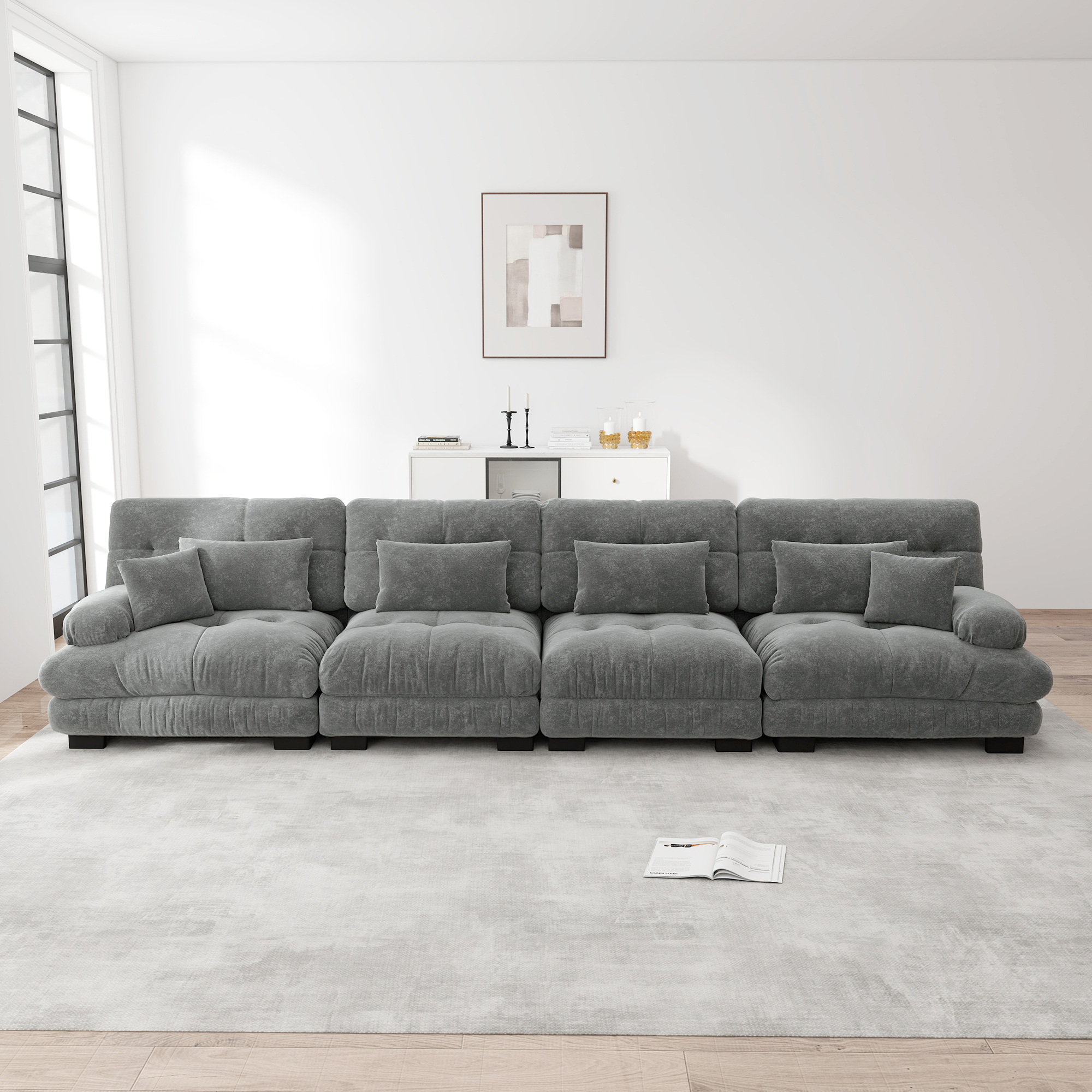 Canapé d'angle 4 places modulable en chenille gris avec assise profonde et coussins d'appoint pour salon