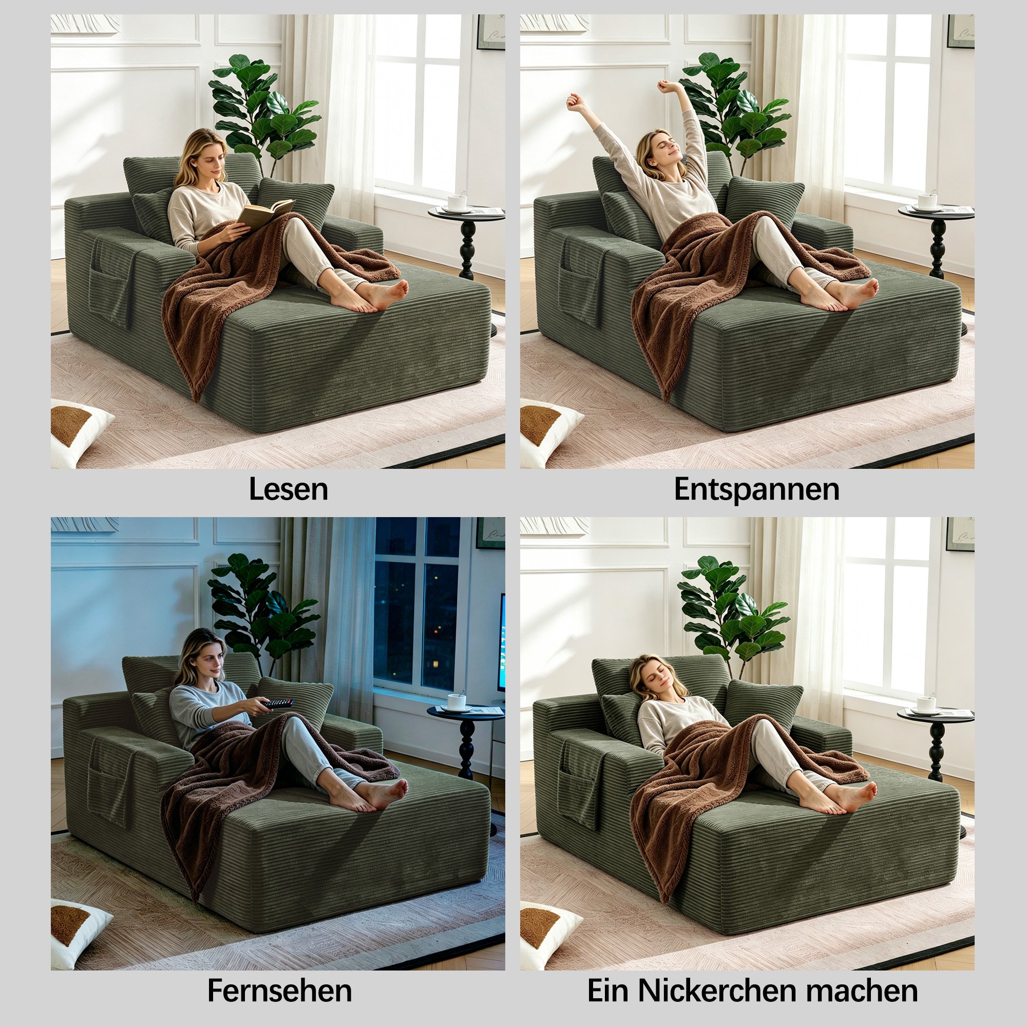 Canapé droit en tissu côtelé vert, structure stable avec mousse haute densité et ressorts, design rétro moderne pour salon ou bureau