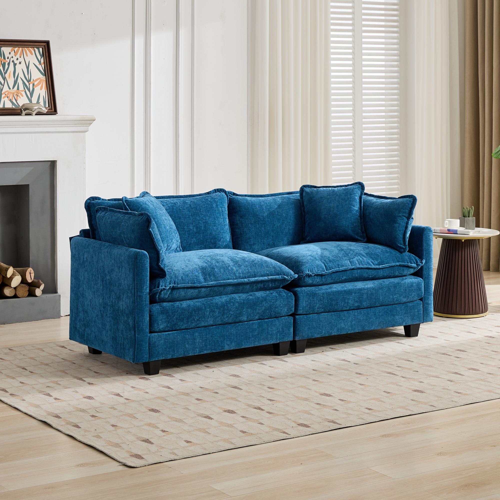 Canapé 2 places 195 cm de large, tissu chenille bleu et assise rembourrée double couche pour salon