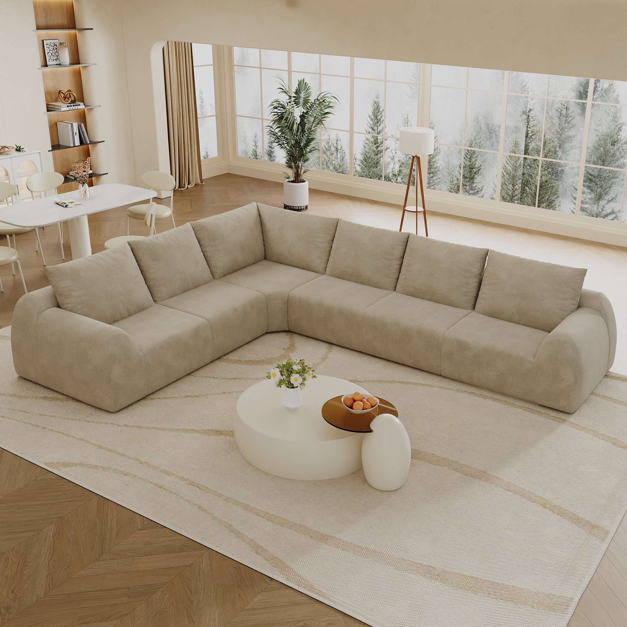 Canapé d'angle prêt à l'emploi, mousse souple et confortable, tissu chenille khaki, dimensions 334x267x85 cm, livraison facile