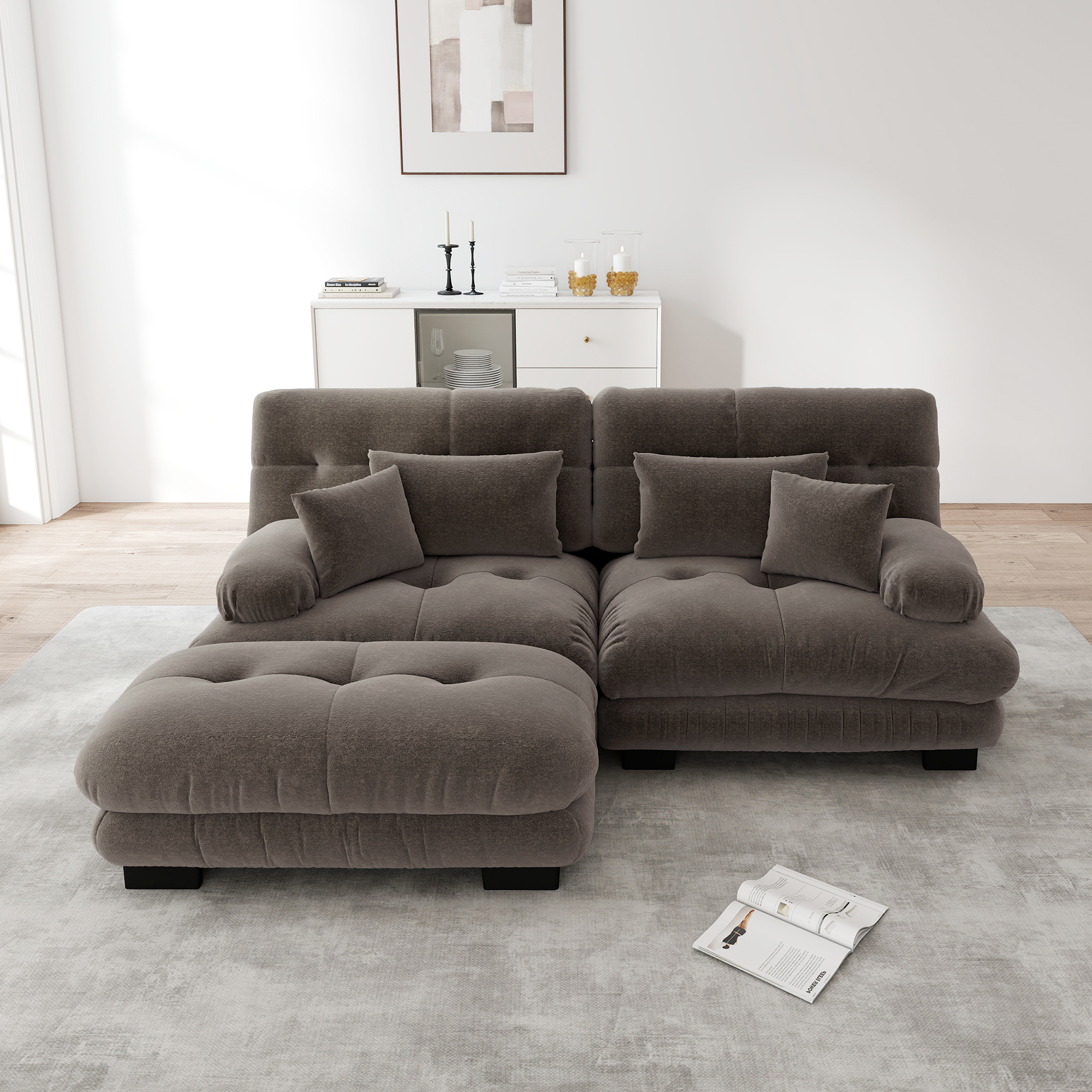 Canapé d'angle modulable 220x145x81 cm, canapé chenille marron double place avec ottoman, design contemporain pour salon spacieux