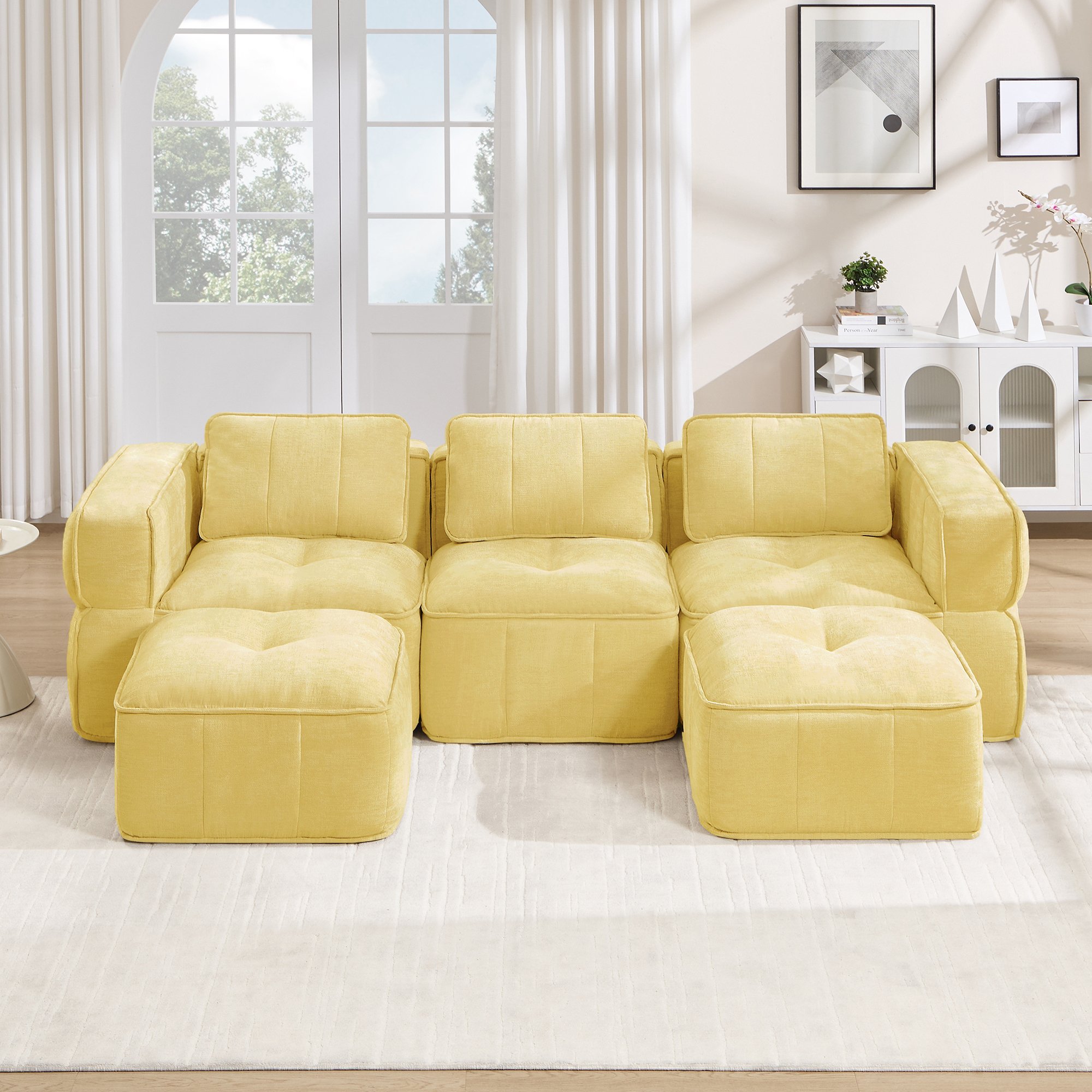 Canapé modulable 3 places jaune en polyester, structure sans cadre, mousse haute densité, profondeur de siège généreuse pour salon contemporain