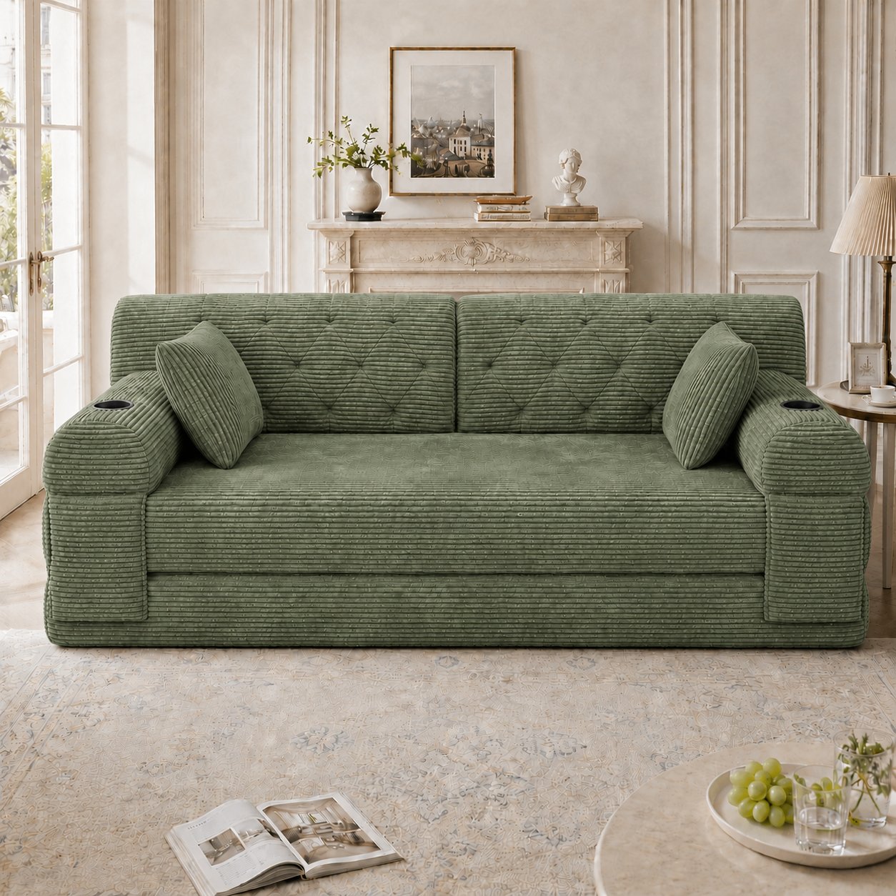 Canapé-lit corduroy vert 168x80x81 cm, cadre métal robuste, coussins confortables, design capitonné, solution pratique pour studio