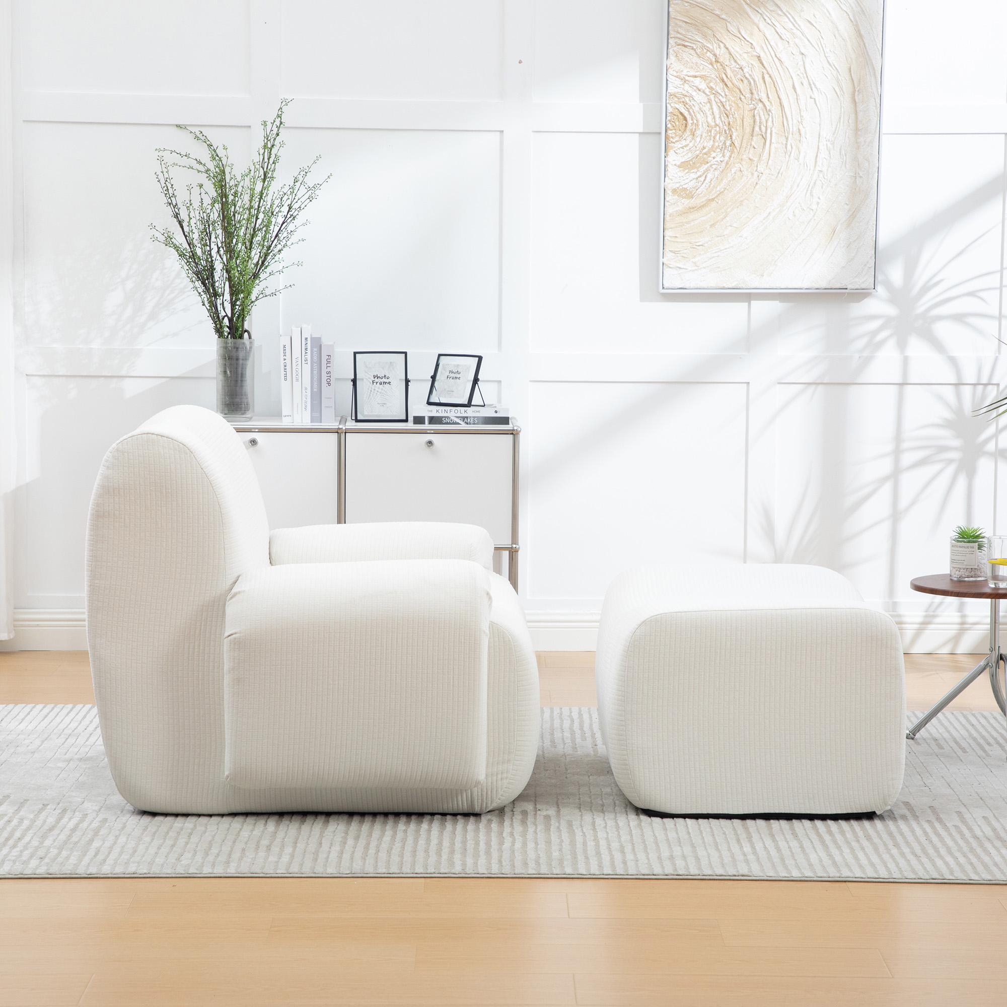 Fauteuil en Tissu Chenille Ivoire avec Hocker, Structure Mousse 30D Haute Résilience, Sans Montage pour Salon Moderne