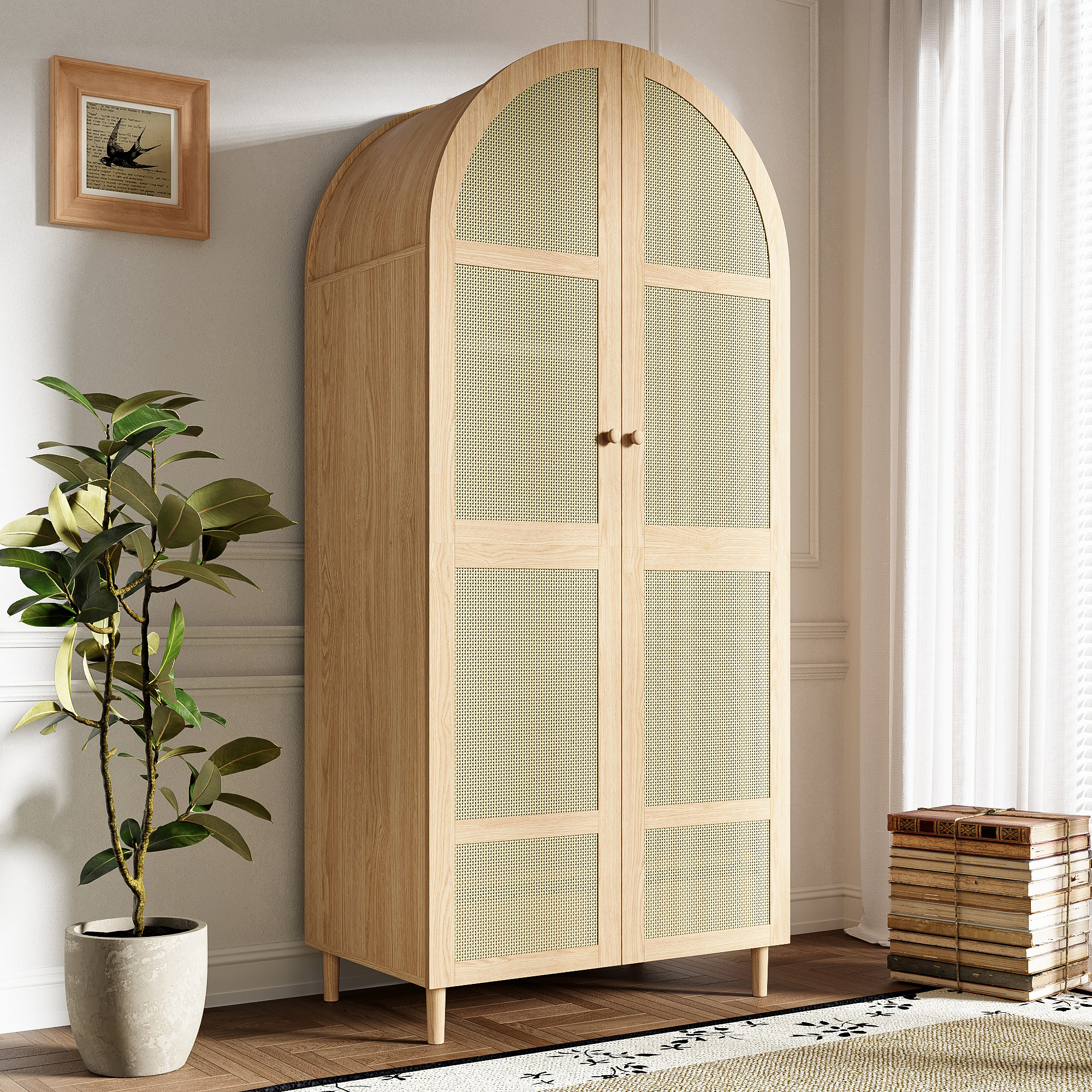 Armoire Design Panneau composite de fibres de bois à densité et Panneaux de Particules avec Portes Courbes et Revêtement Rotin Naturel