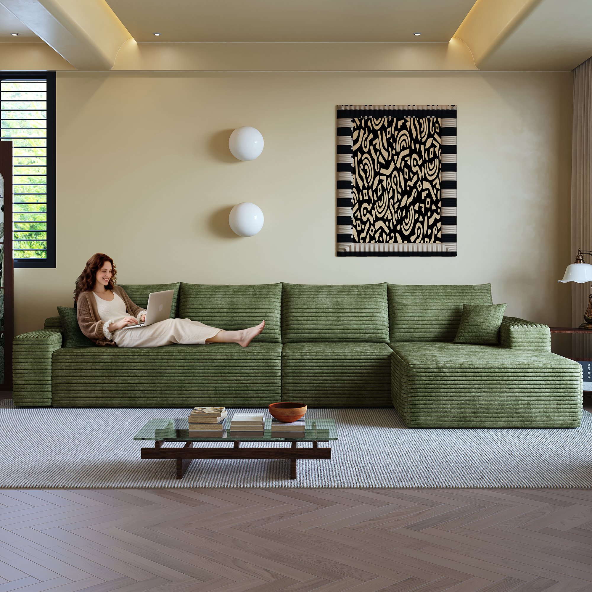 Canapé d'angle 340x175cm vert en velours côtelé, structure modulaire sans montage, assise profonde haute densité pour salon moderne