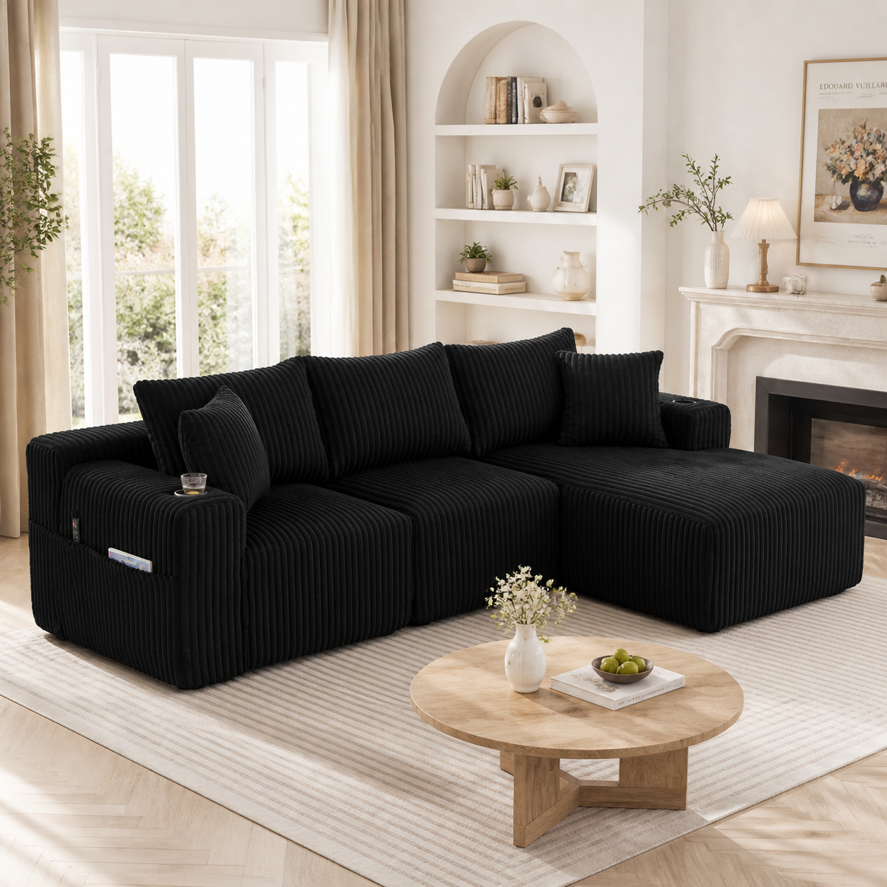 Canapé modulaire avec méridienne 257x160x62 cm 2 places séparables et poches latérales avec porte-gobelets