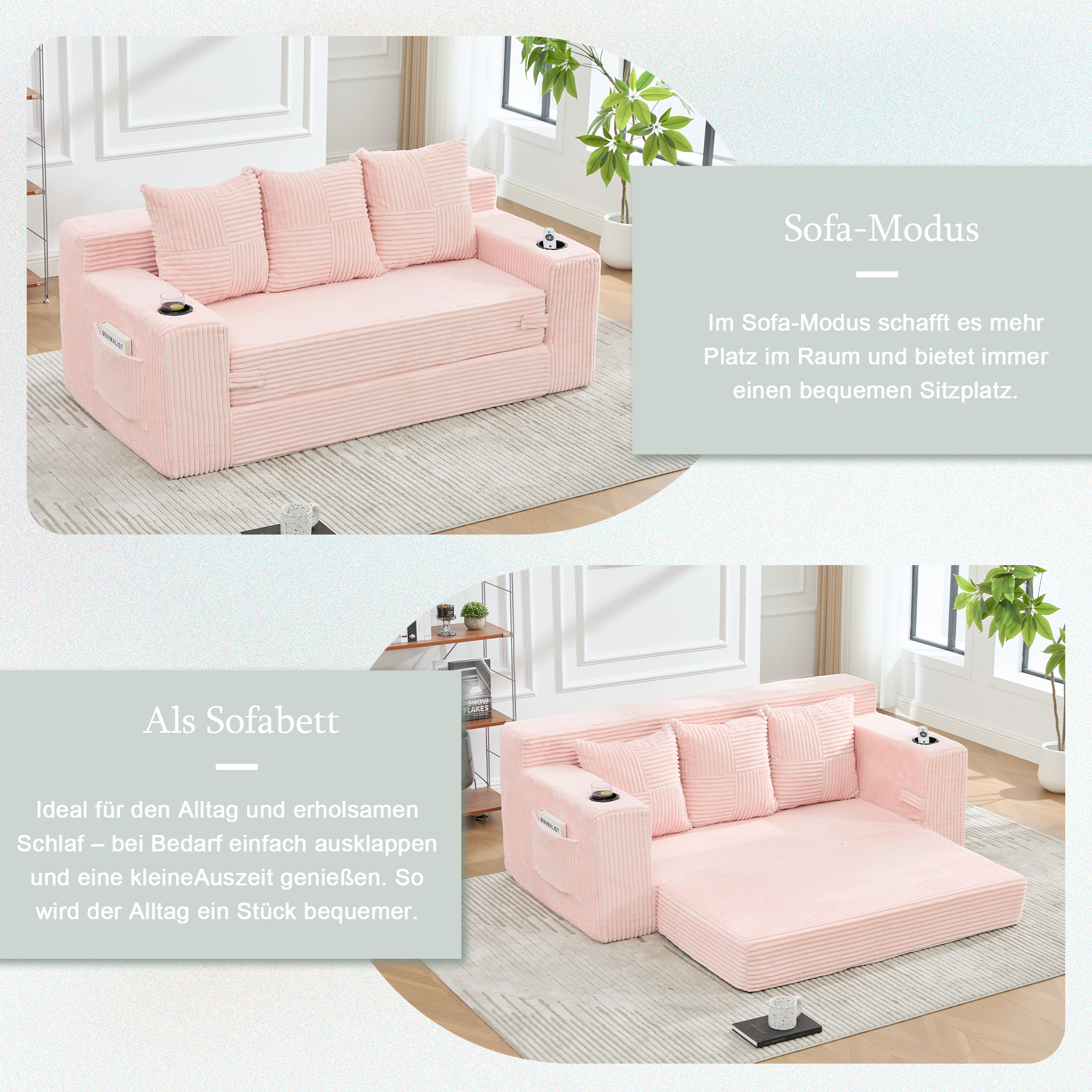 Canapé Modulable 2 Places en Velours Côtelé Rose Poudre Structure Sans Dossier Modulaire Coussins Rembourrés Confortables