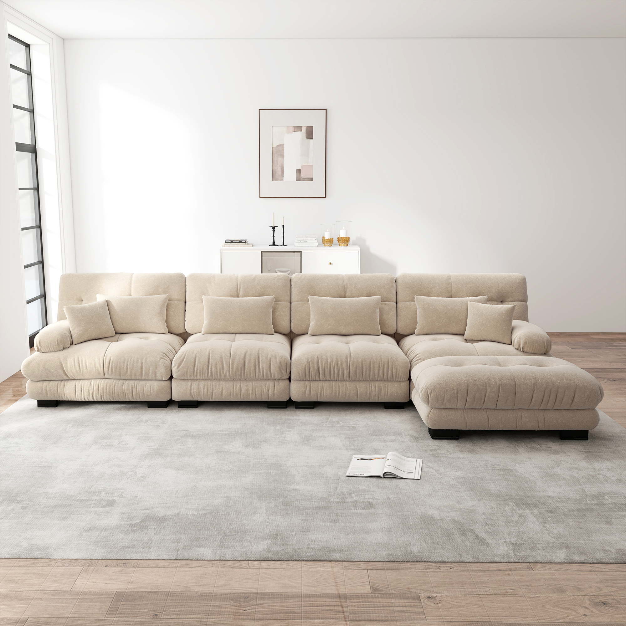 Canapé d'angle modulable 4 places en chenille marron clair avec pouf mobile pour salon et bureau