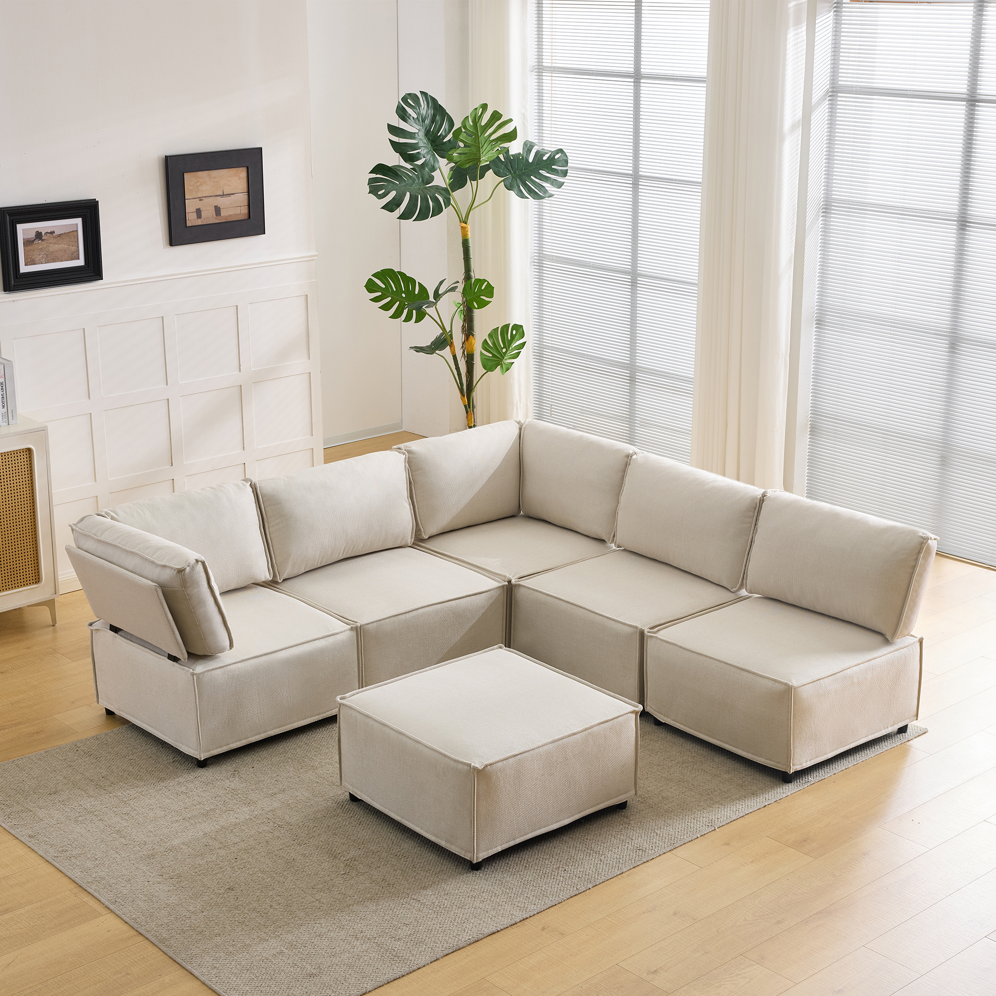 Canapé Modulable d'Angle Beige Tissu Lin, Structure Bois et Mousse Ressorts, Design Contemporain Élégant pour Salon Spacieux