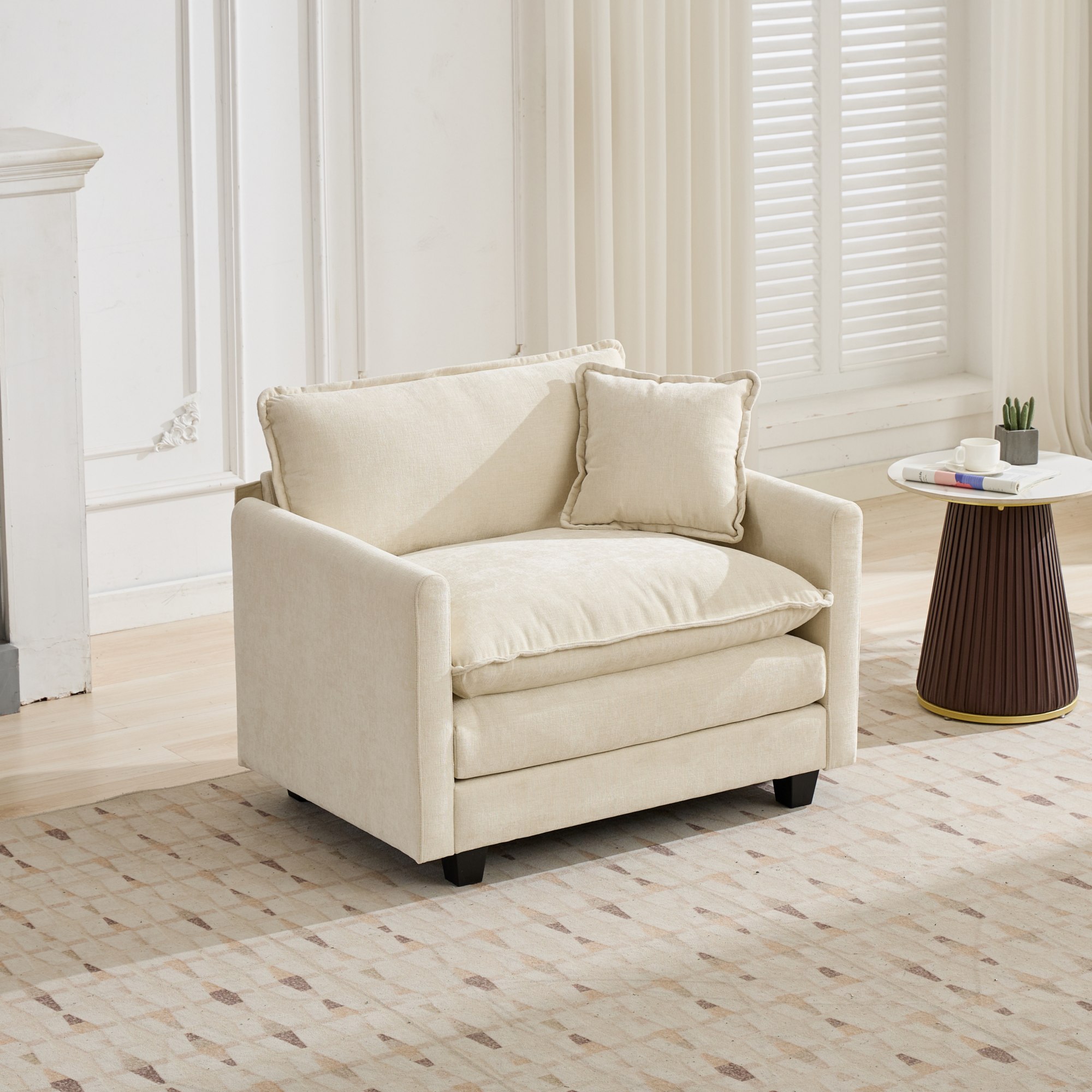 Canapé 1 place en tissu chenille beige, coussin double couche et structure rembourrée moelleuse