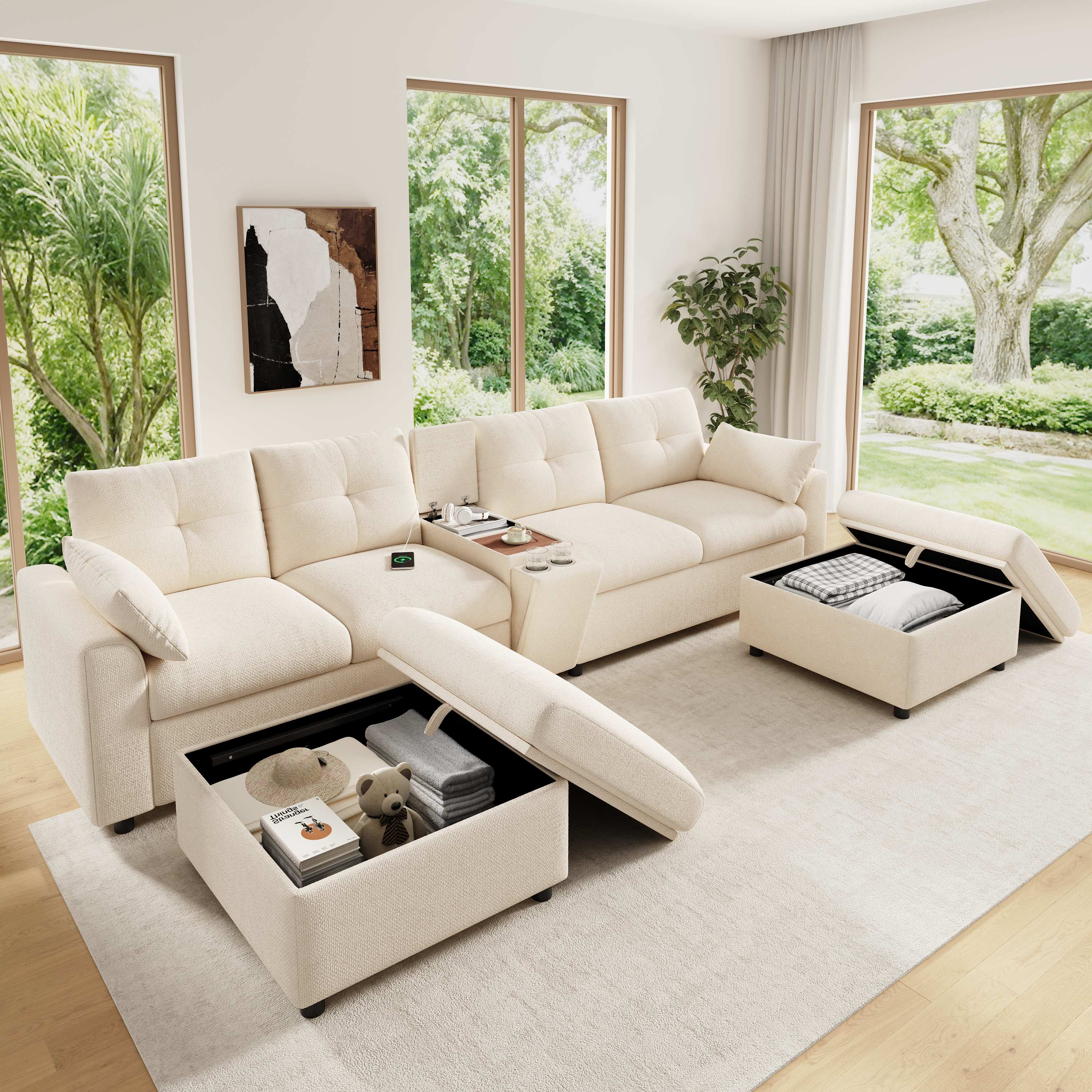 Grand canapé d'angle modulable beige chenille 6 places avec console multifonction USB, type-C et espace de stockage intégré