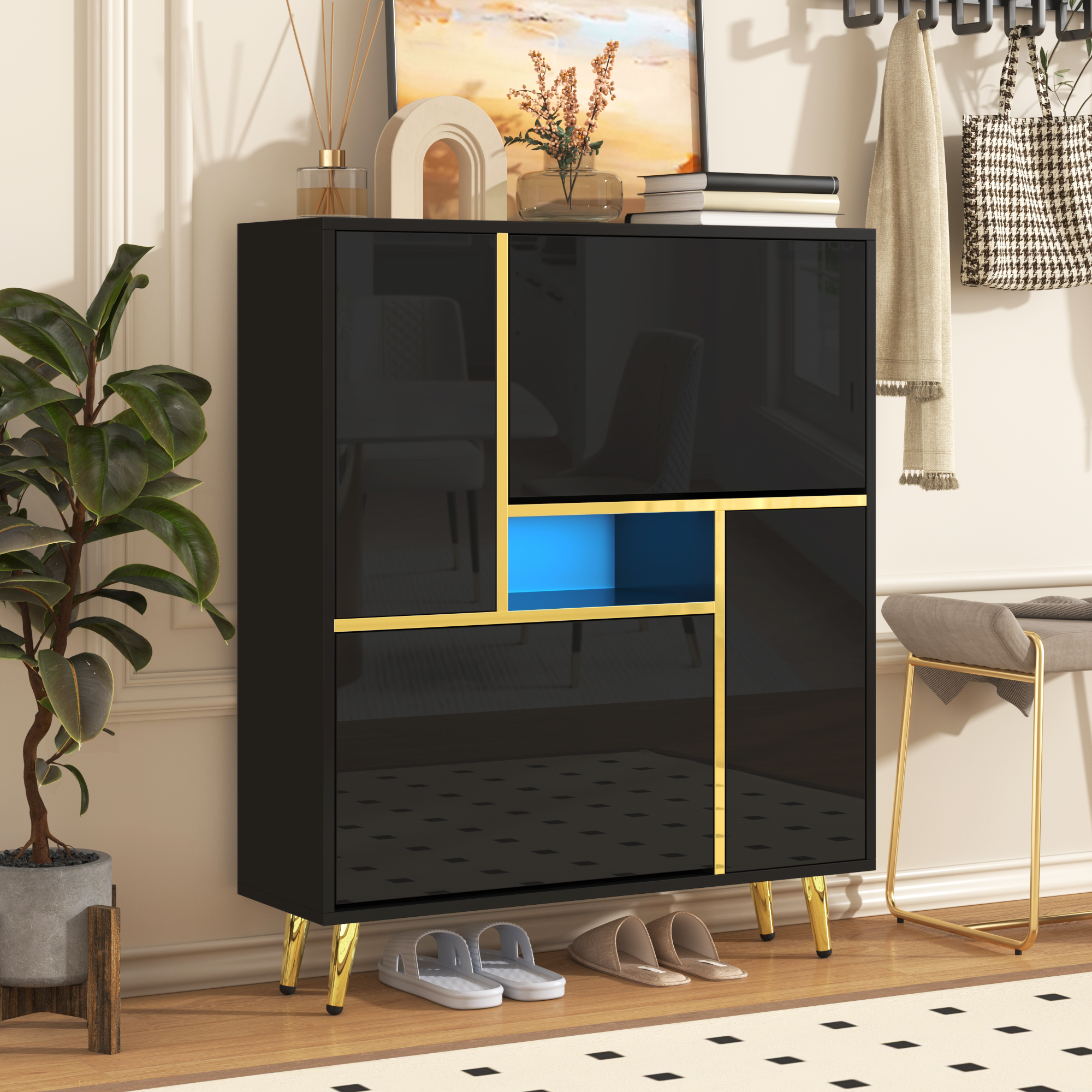 Meuble à chaussures noir 80x25x96 cm, armoire moderne avec portes et étagères réglables, panneau de particules