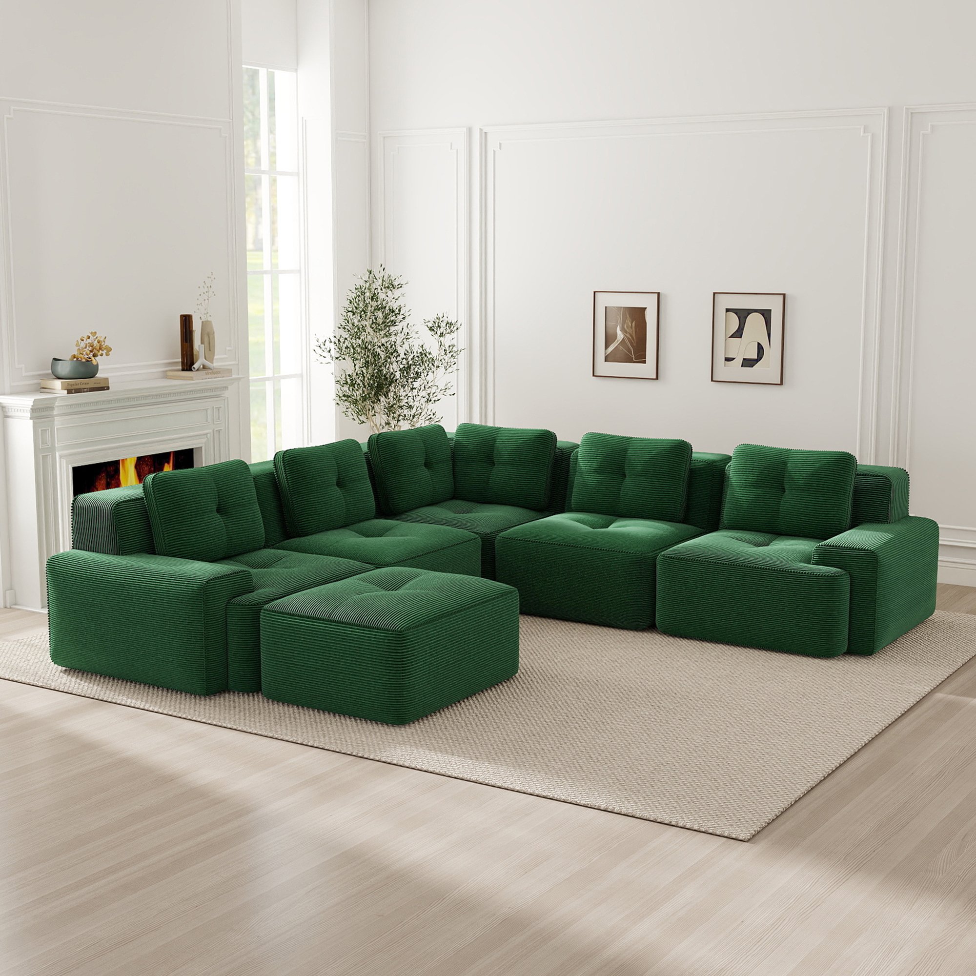 Canapé d'angle modulable vert en tissu côtelé sans cadre, assise profonde 74cm, confort nuageux pour salon et bureau, style contemporain
