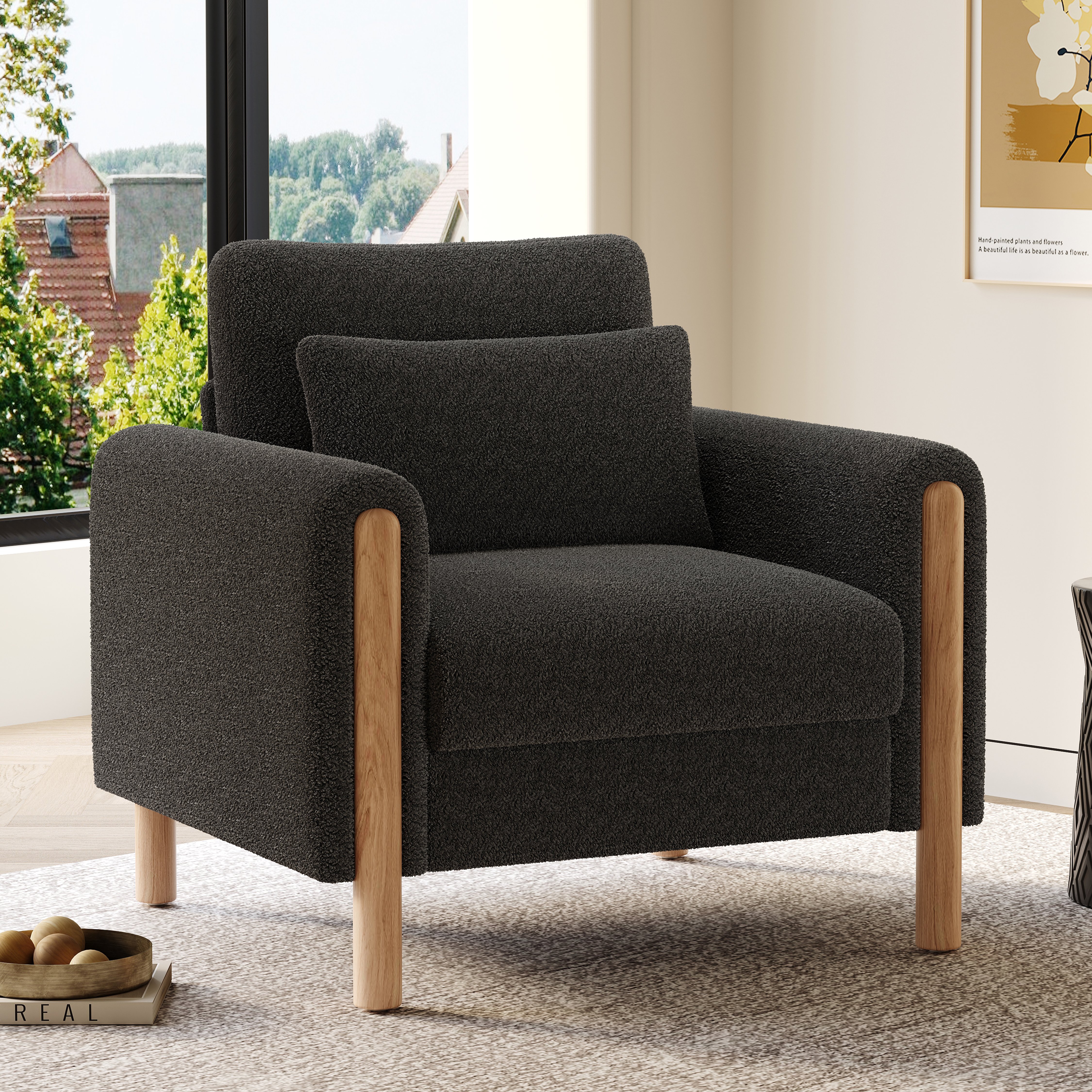 Canapé 1 place en teddy gris foncé avec coussin épais et accoudoirs, assise haute densité 87x83x88,5 cm