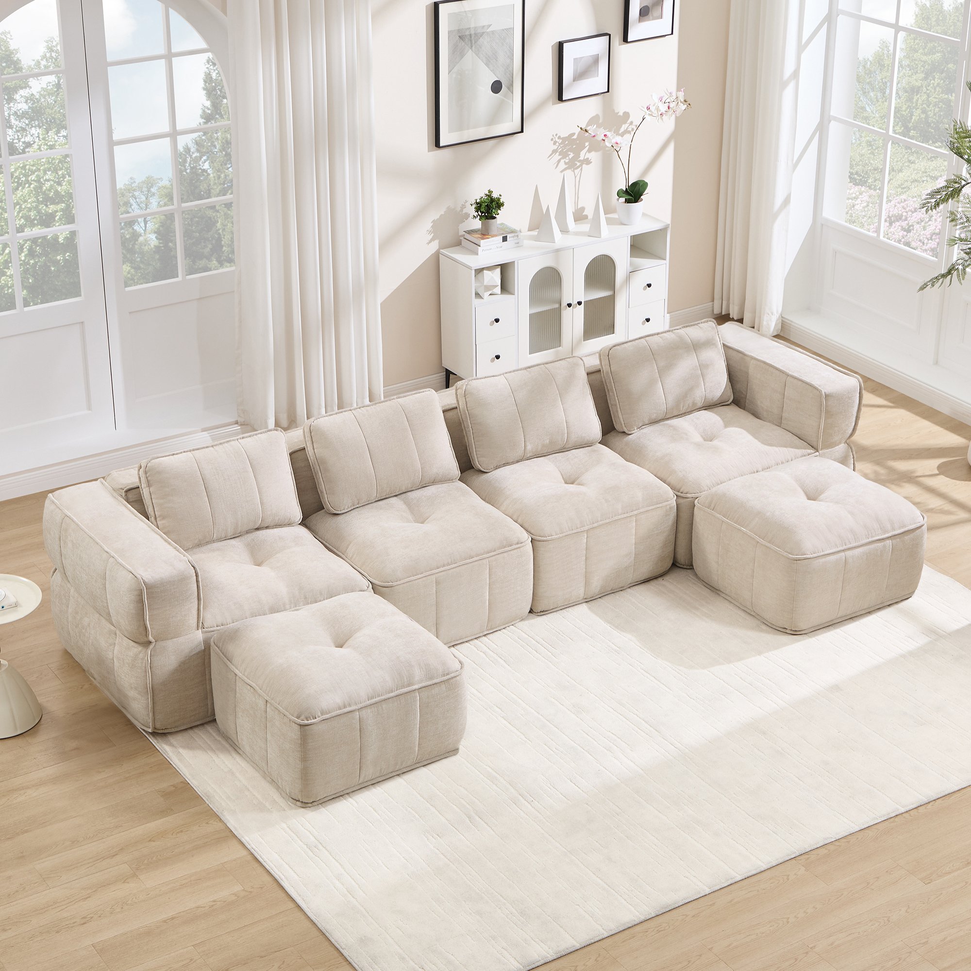 Canapé modulable 4 places beige sans structure, tissu polyester, mousse 32D, 2 poufs inclus, dimensions 344x162x67 cm, idéal pour le salon moderne.