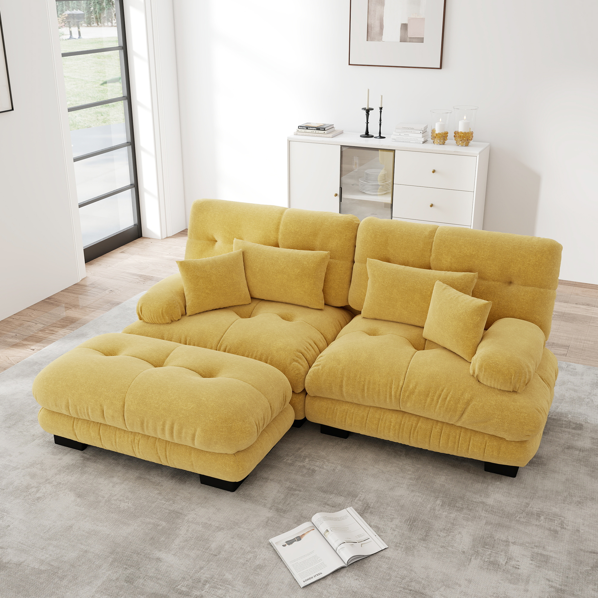 Canapé d'angle modulable chenille jaune avec ottoman, design cloud sans ressorts, coussins lombaires et déco, salon spacieux