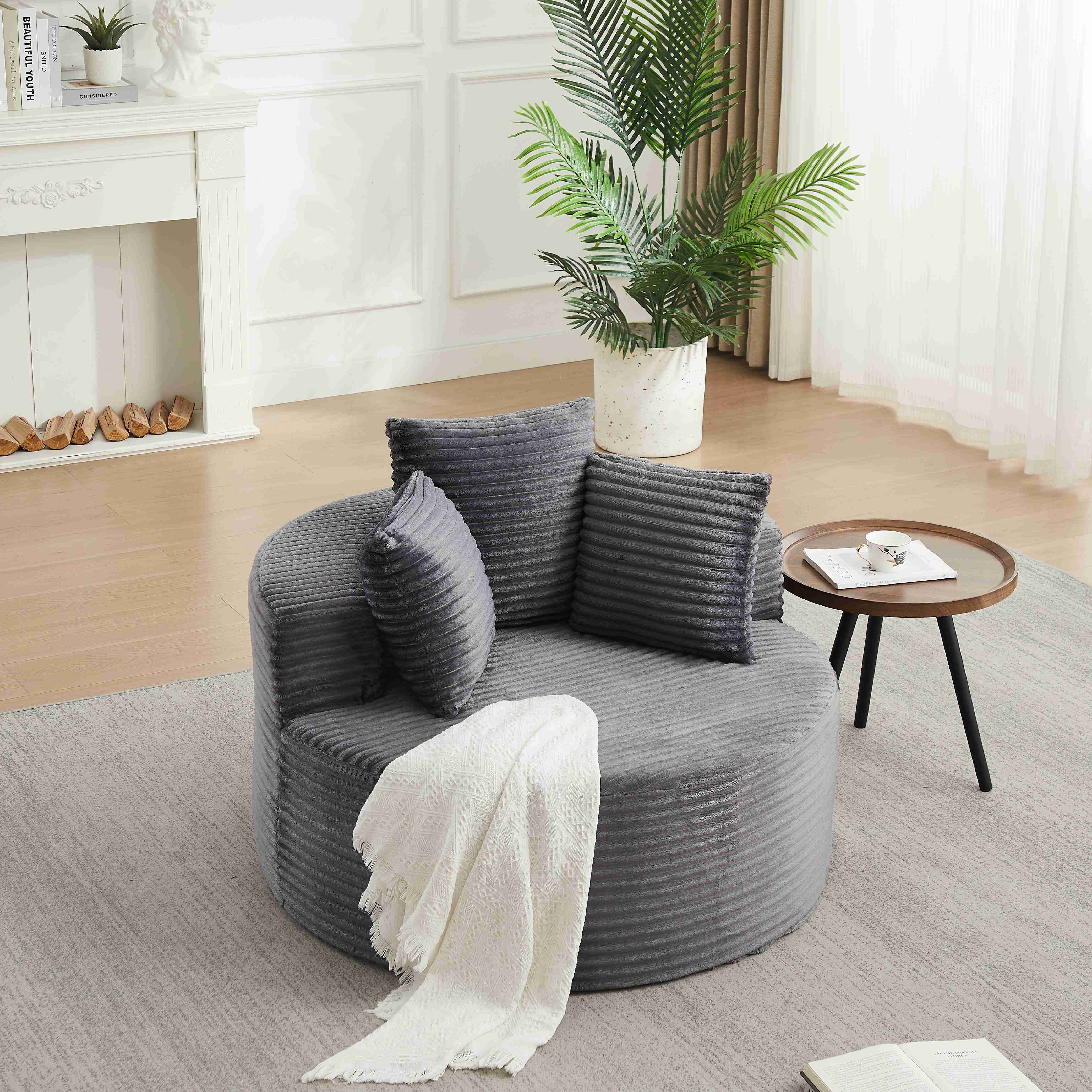 Fauteuil rond diamètre 110 cm, siège individuel 1 place, poids 16,3 kg, livré compacté avec 3 coussins décoratifs inclus