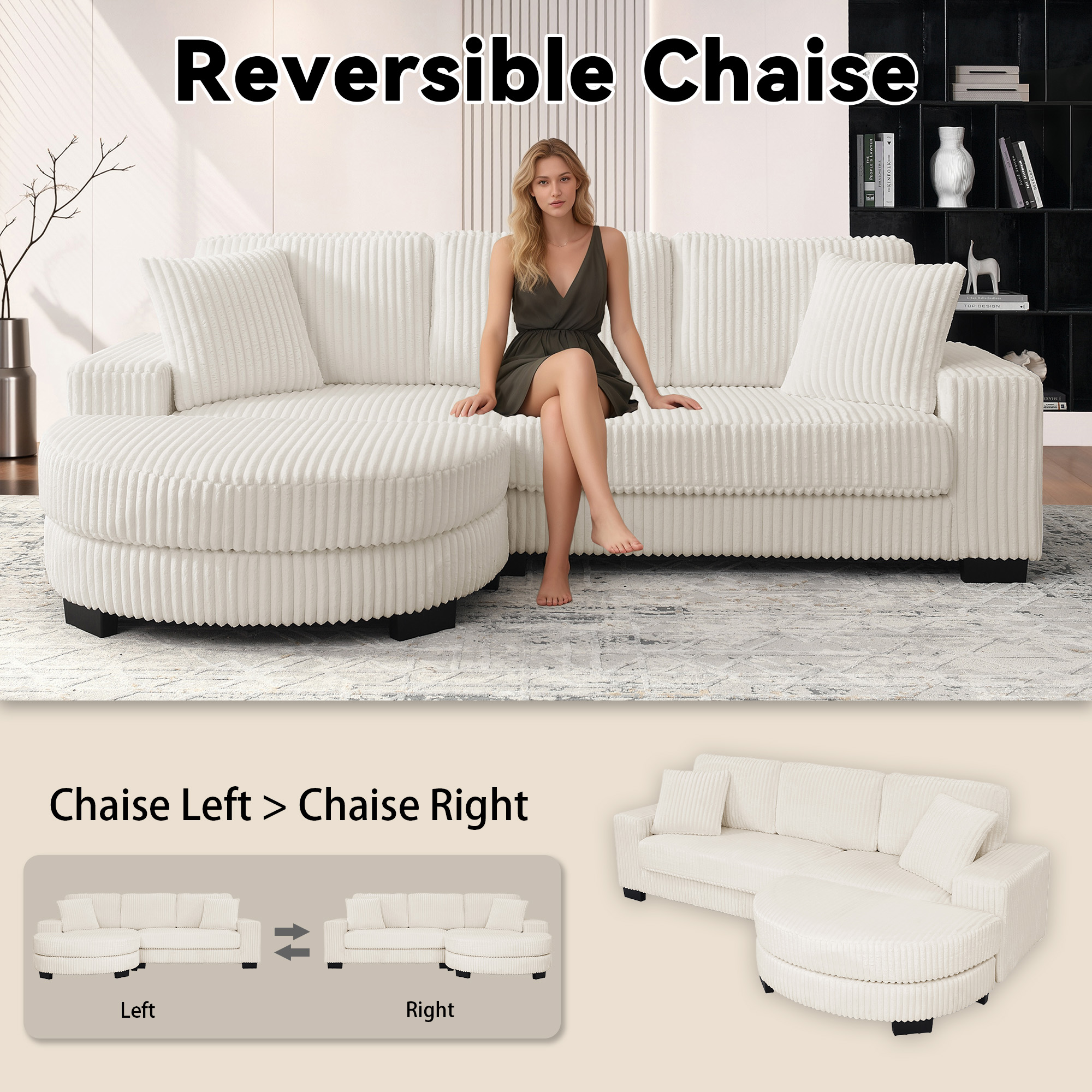 Canapé d'angle modulable 4 places avec pouf ovale réversible, tissu velours côtelé beige, structure bois eucalyptus