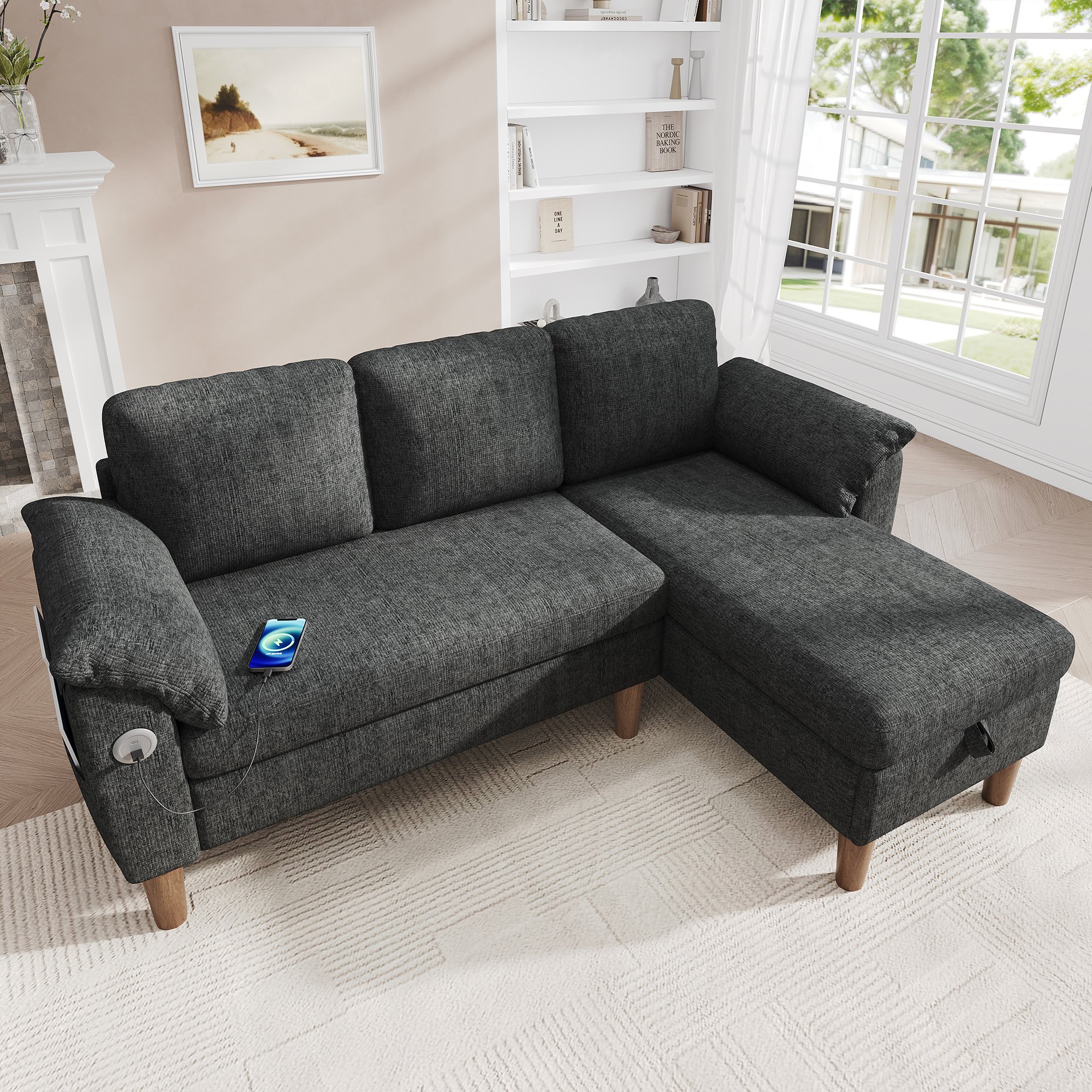 Canapé d'angle 3 places en tissu chenille gris foncé, chaise longue réversible gauche/droite avec rangement intégré et ports USB Type-C pour le salon