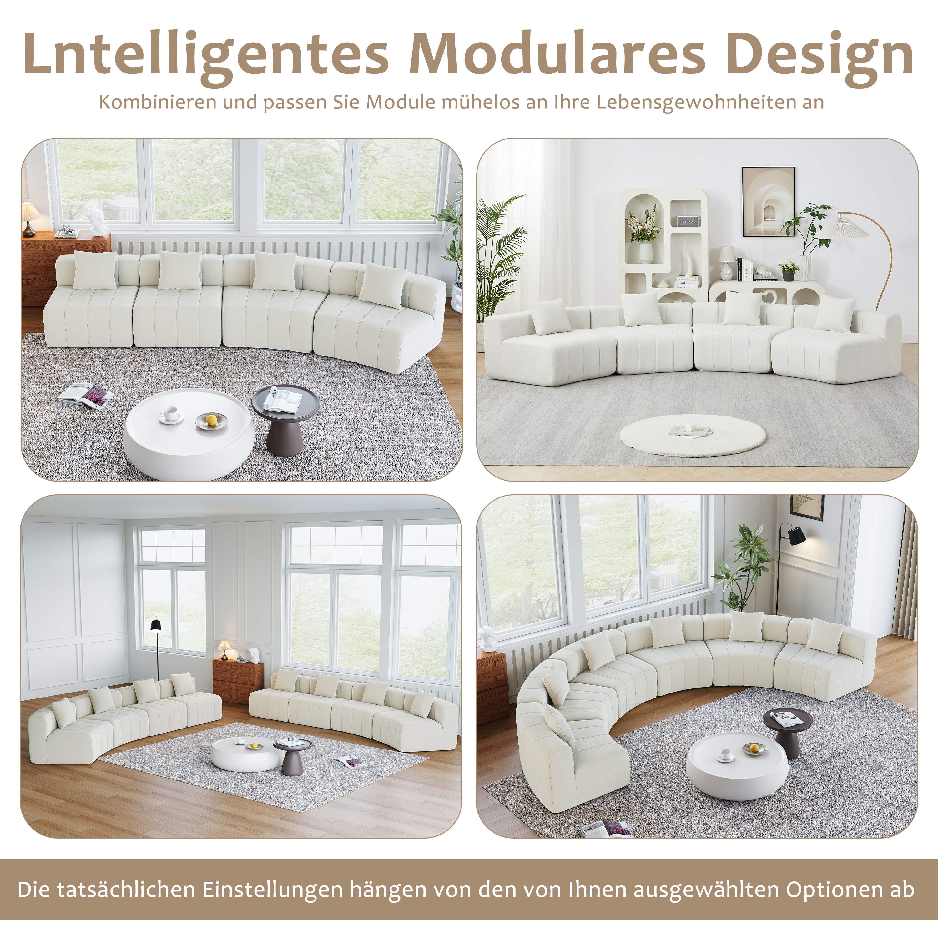 Canapé Modulable Beige Chenille Forme Courbe Sans Assemblage avec Coussins pour Salon Chambre ou Bureau Détente