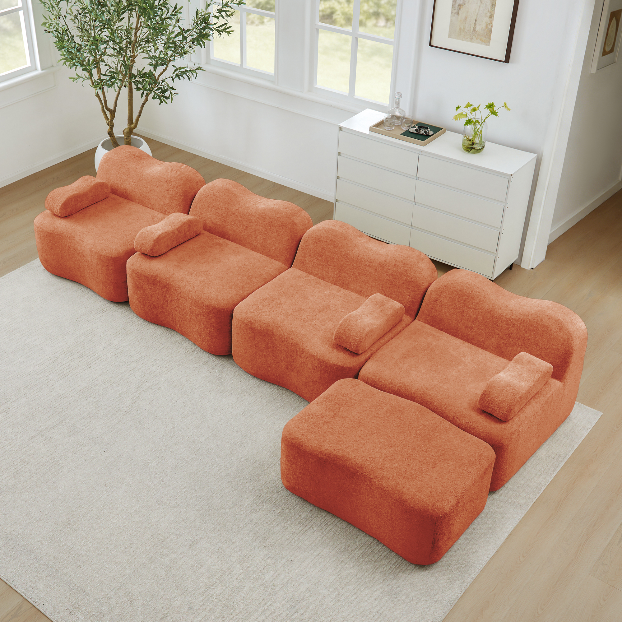 Canapé Modulable Tissu Velours Doux Résistant Structure Stable Modules Flexibles Orange Dimensions 384 Cm