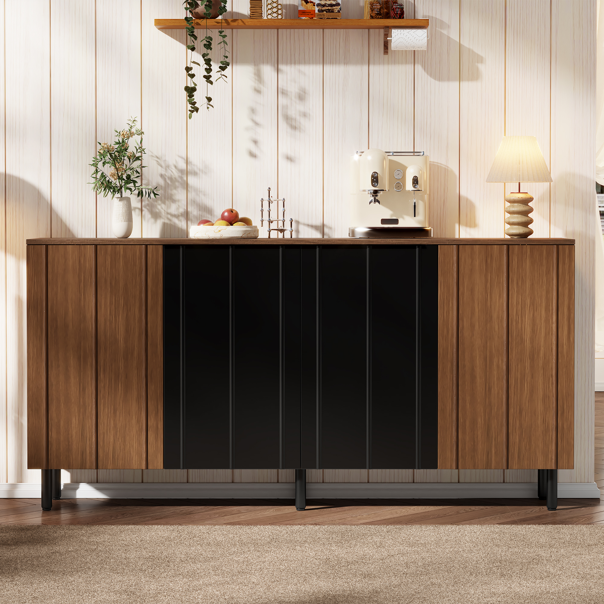 Buffet de cuisine 160x35x80 cm, 4 portes, panneau de particules couleur noyer et noir, meuble rangement salle à manger