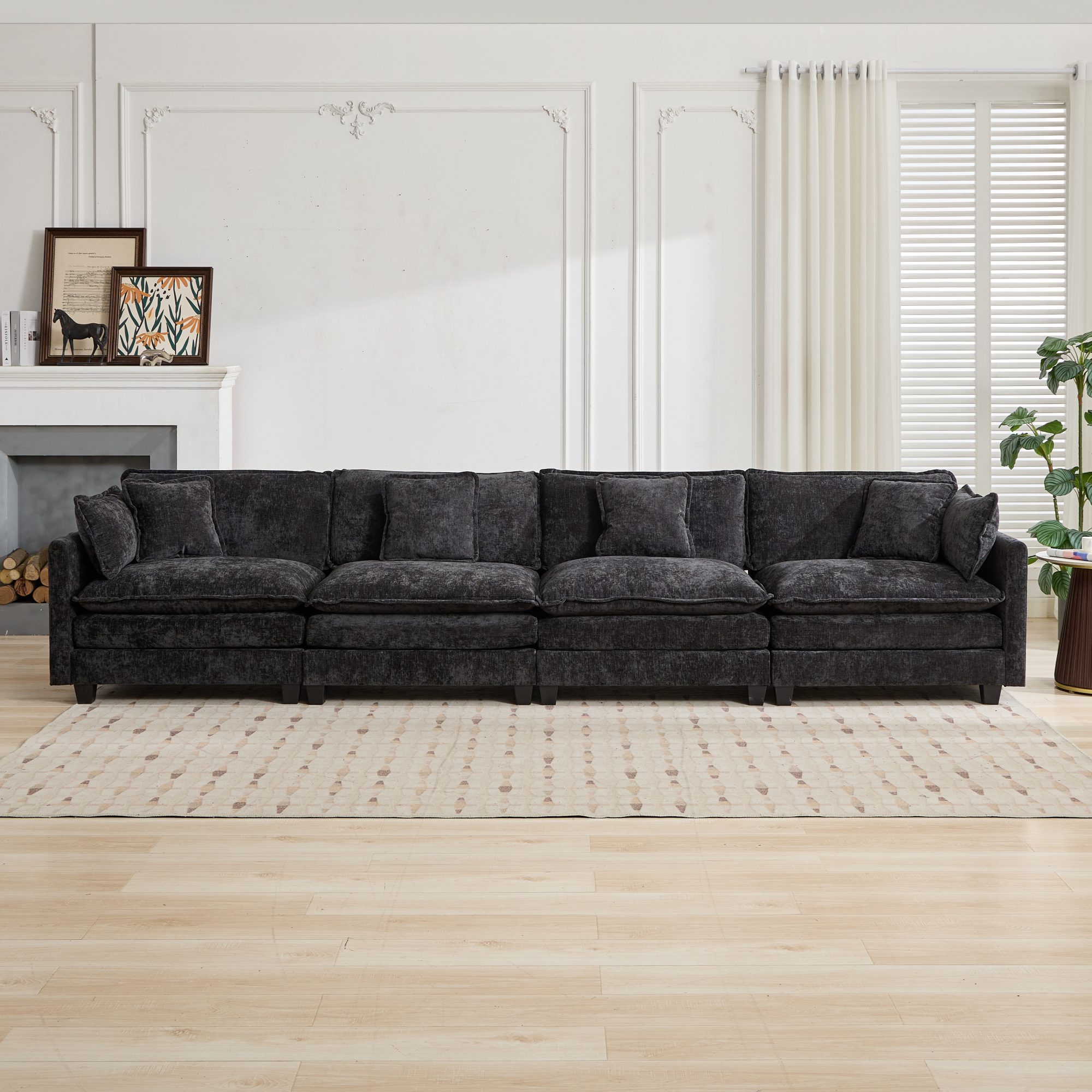 Canapé 4 places en chenille noire, canapé modulable avec coussins d'appui pour salon et appartement