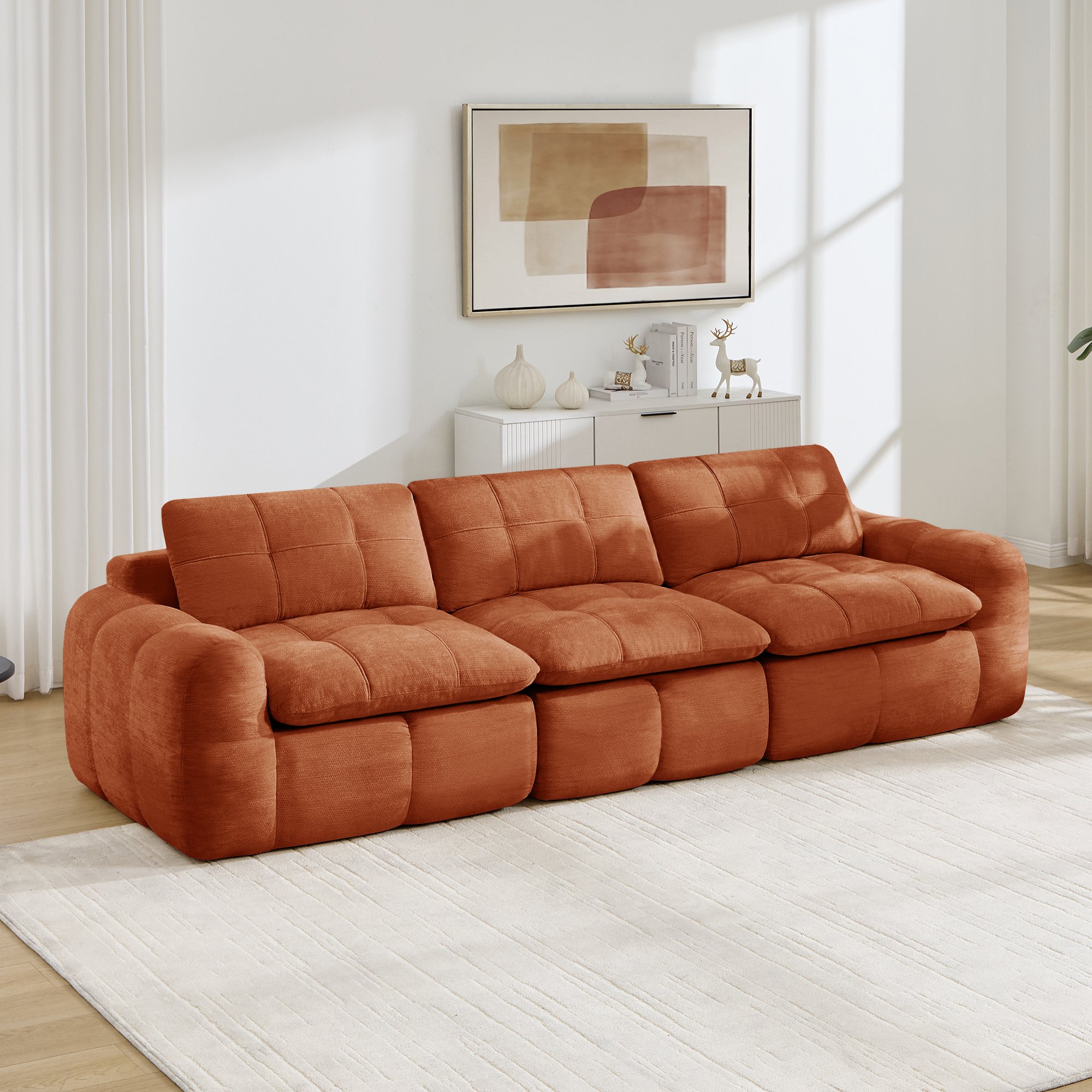 Canapé 3 places 264x97x68 cm chenille orange, design modulaire sans cadre, capacité de charge 600 kg, livraison en 3 colis sous vide