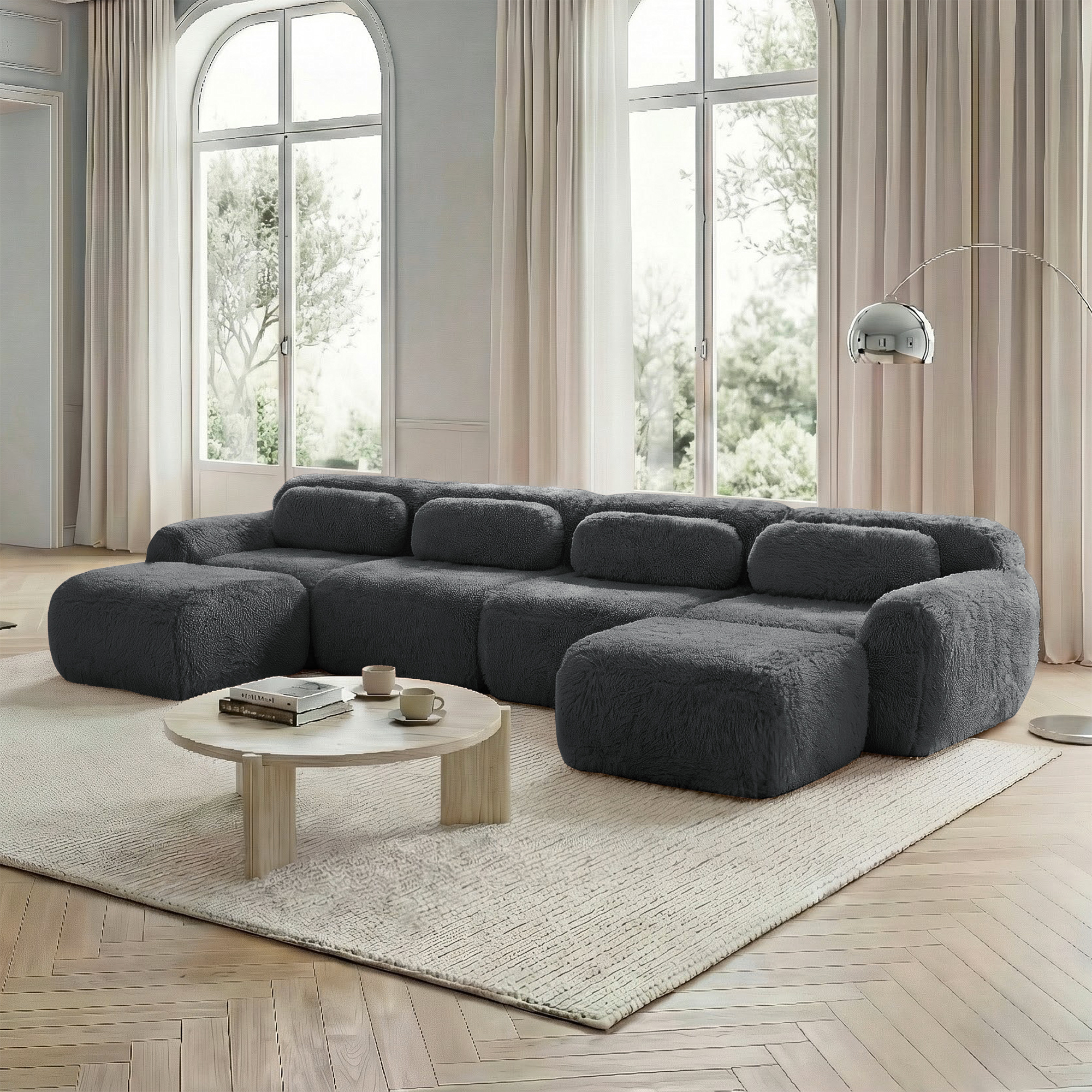 Canapé Modulable En U Gris 4 Places Canapé Panoramique Salon Tissu Peluche Confortable Sans Dossier Avec Coussins Inclus