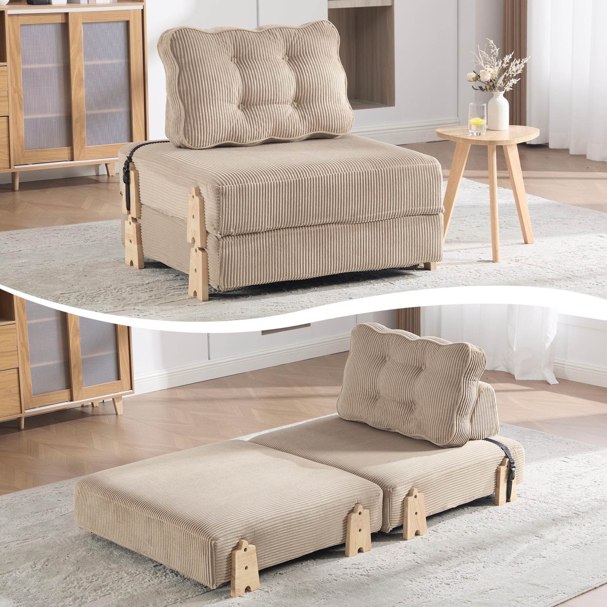 Lit rembourré en cord pour petit espace avec dossier ergonomique et structure en bois massif, convertible