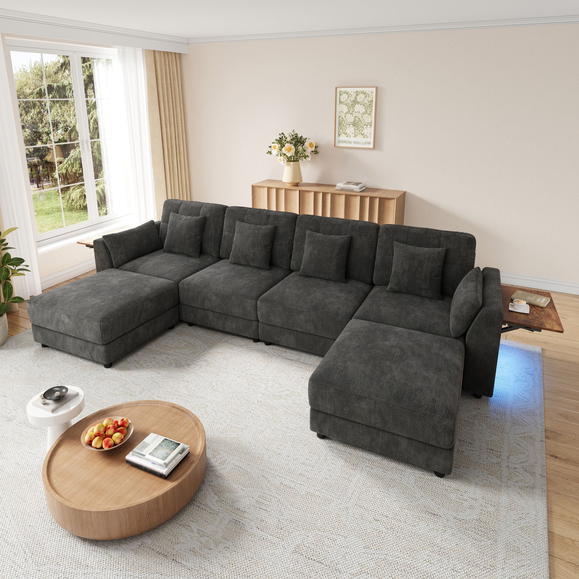 Canapé d'angle modulable 292x135cm en tissu chenille gris, ensemble 6 places avec 2 poufs mobiles, coussins inclus et structure bois massif pour salon contemporain