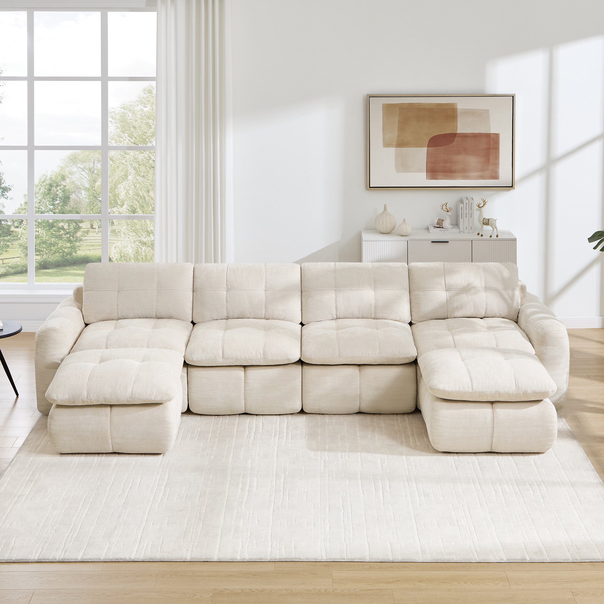 Canapé modulable 4 places beige en chenille, structure sans cadre avec 2 ottomans, design carré pour salon et appartement
