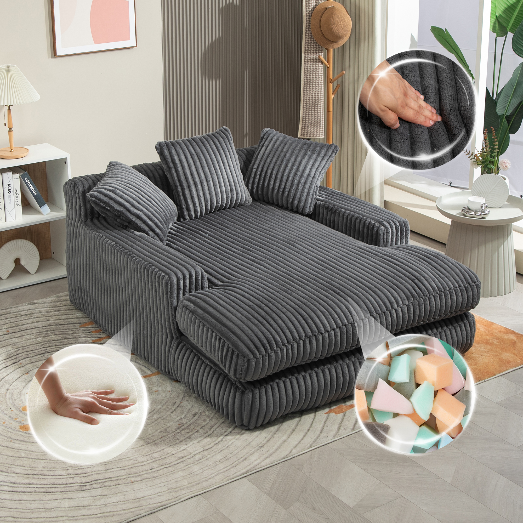 Canapé 1 place en velours côtelé gris foncé avec 3 coussins et mousse haute densité, 125x155x63 cm